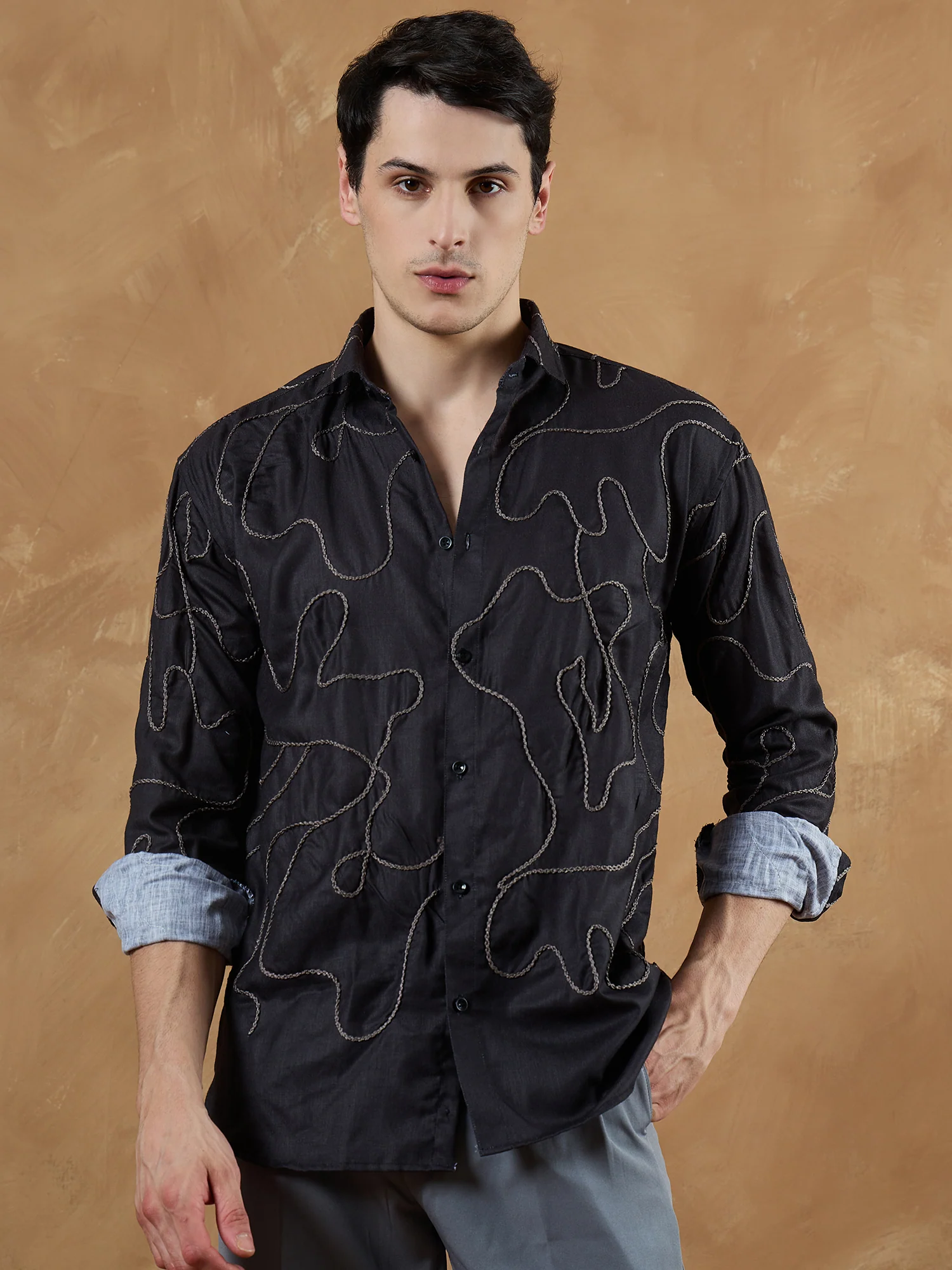 Black & Grey: Full Sleeves Embroidered Shirt