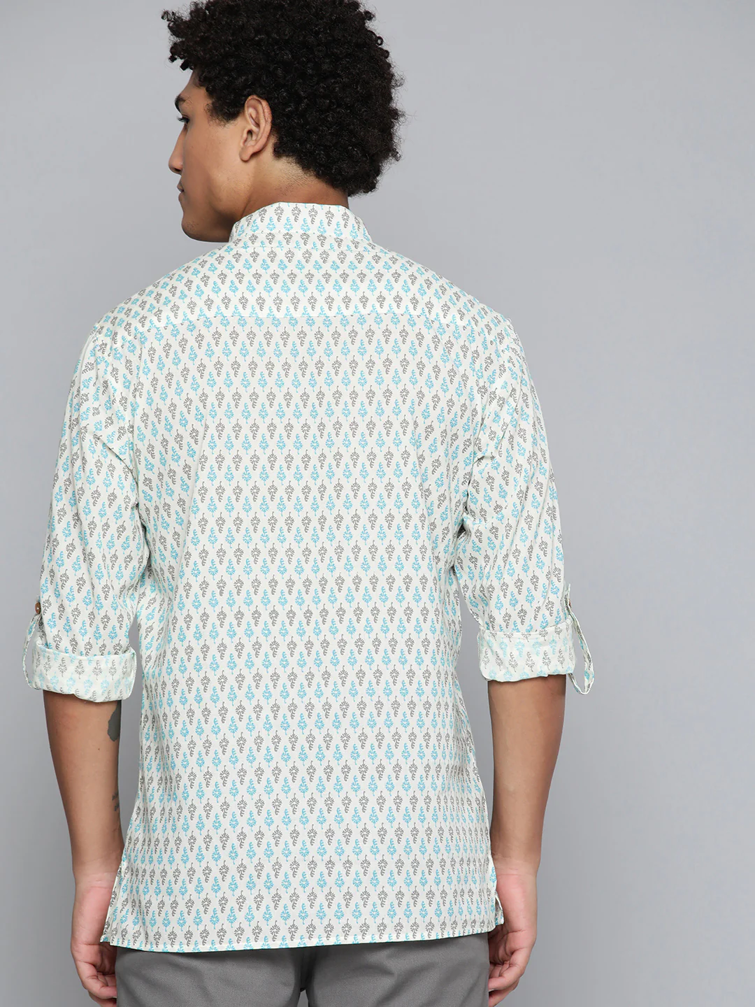 DENNISON Men White & Blue Block Printed Kurta
