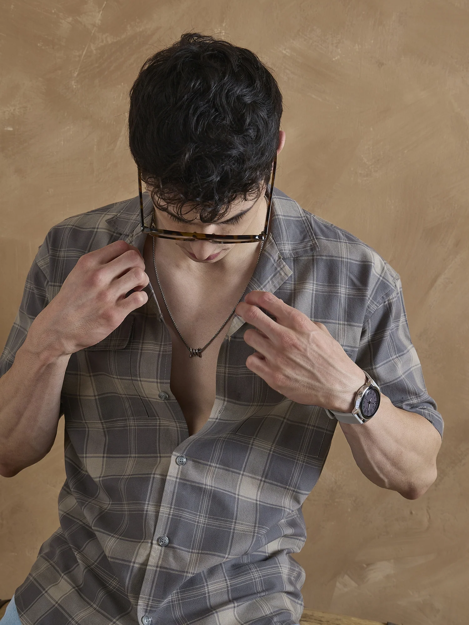 Dark Grey: Half Sleeves Double Pocket Checkered Shirt