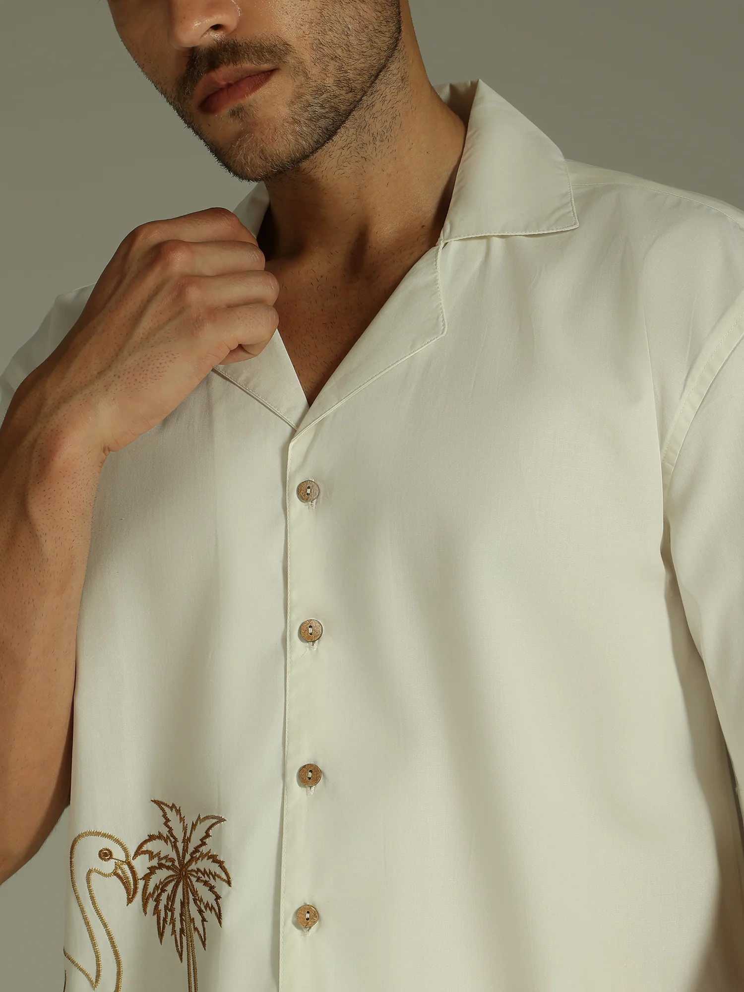 White & Brown: Embroidered Drop Shoulder Oversized Shirt