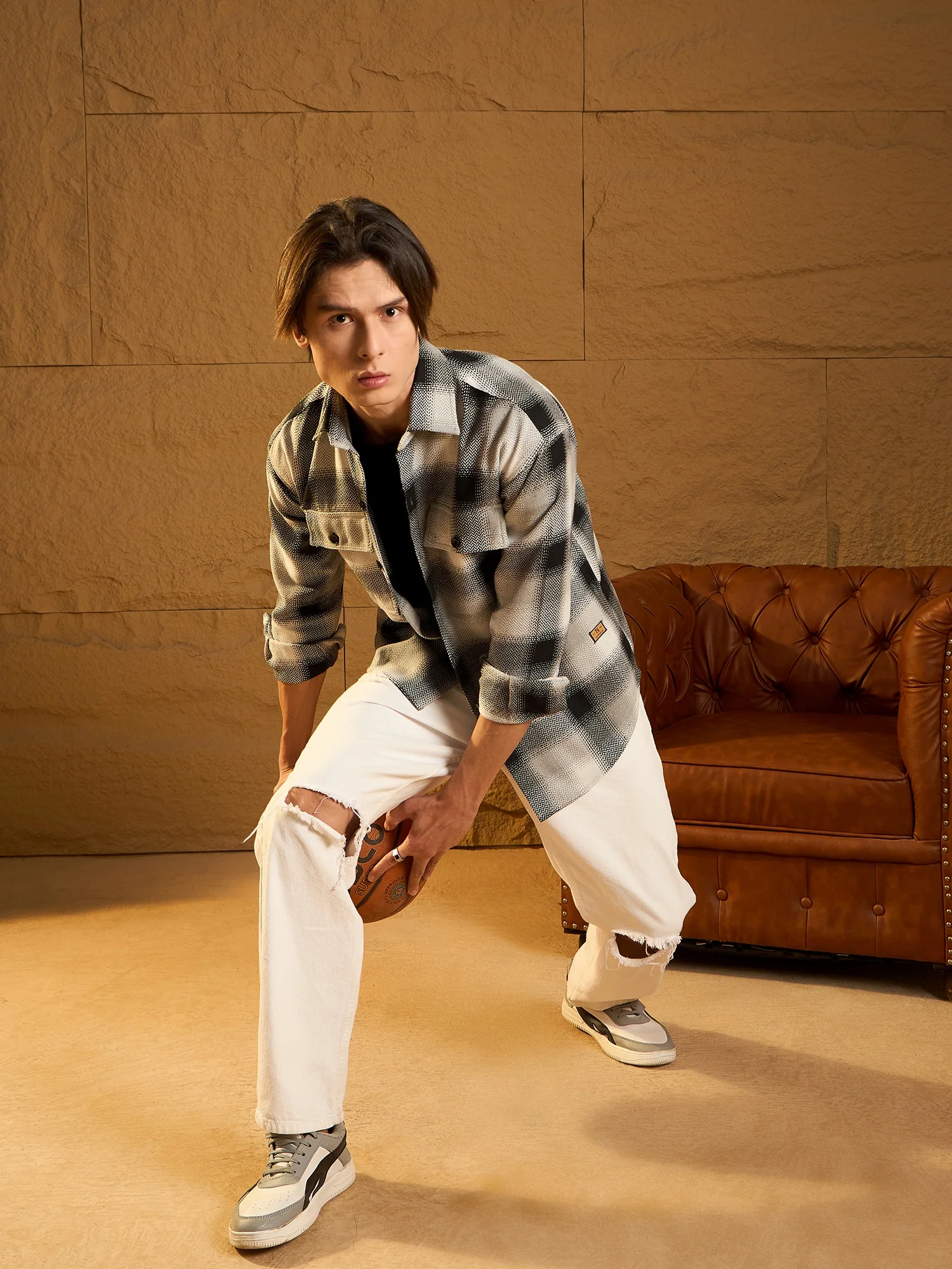 Black & Grey: Oversized Cotton Checked Shacket
