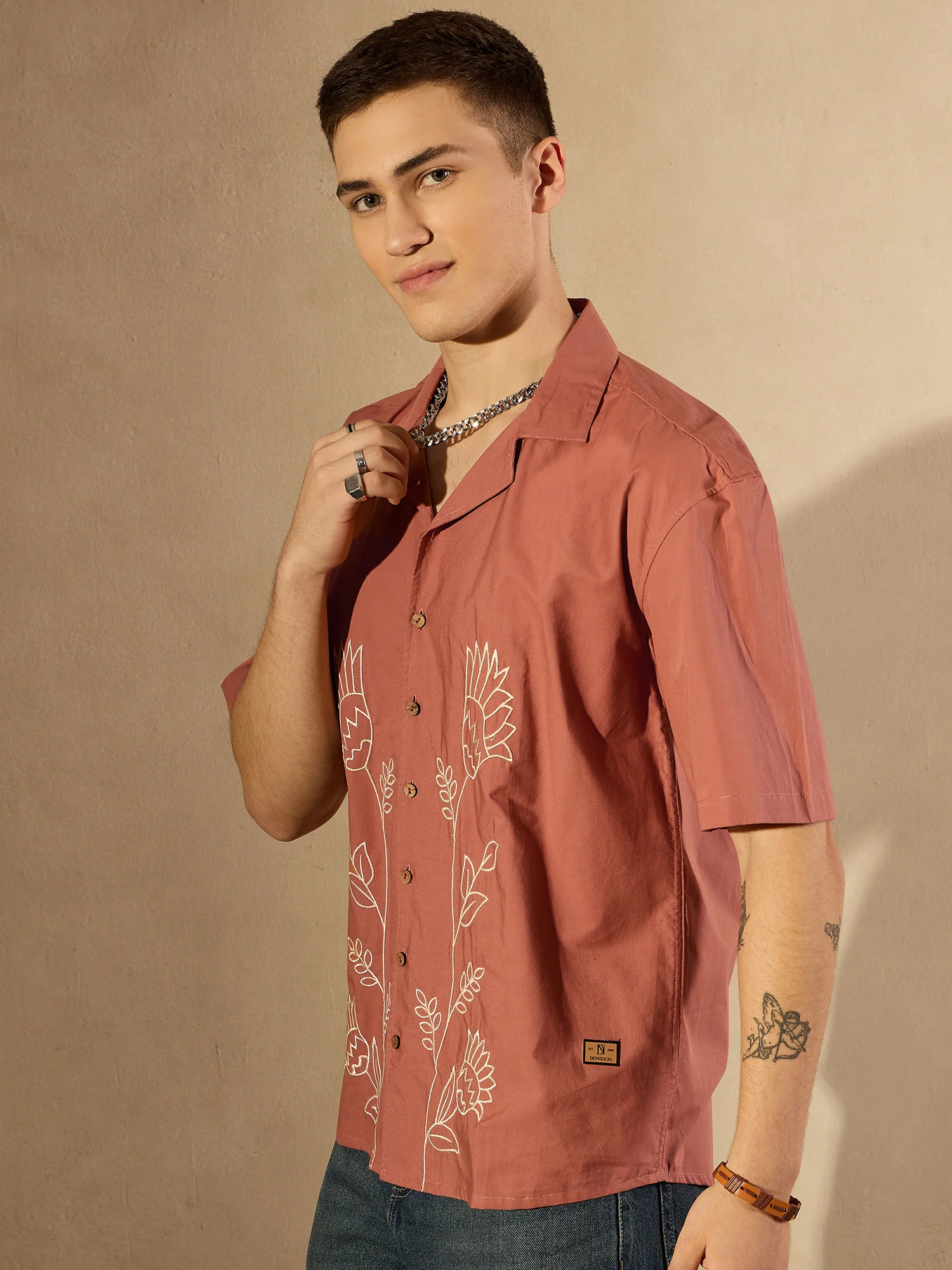 Brick Red: Half Sleeves Embroidery Shirt