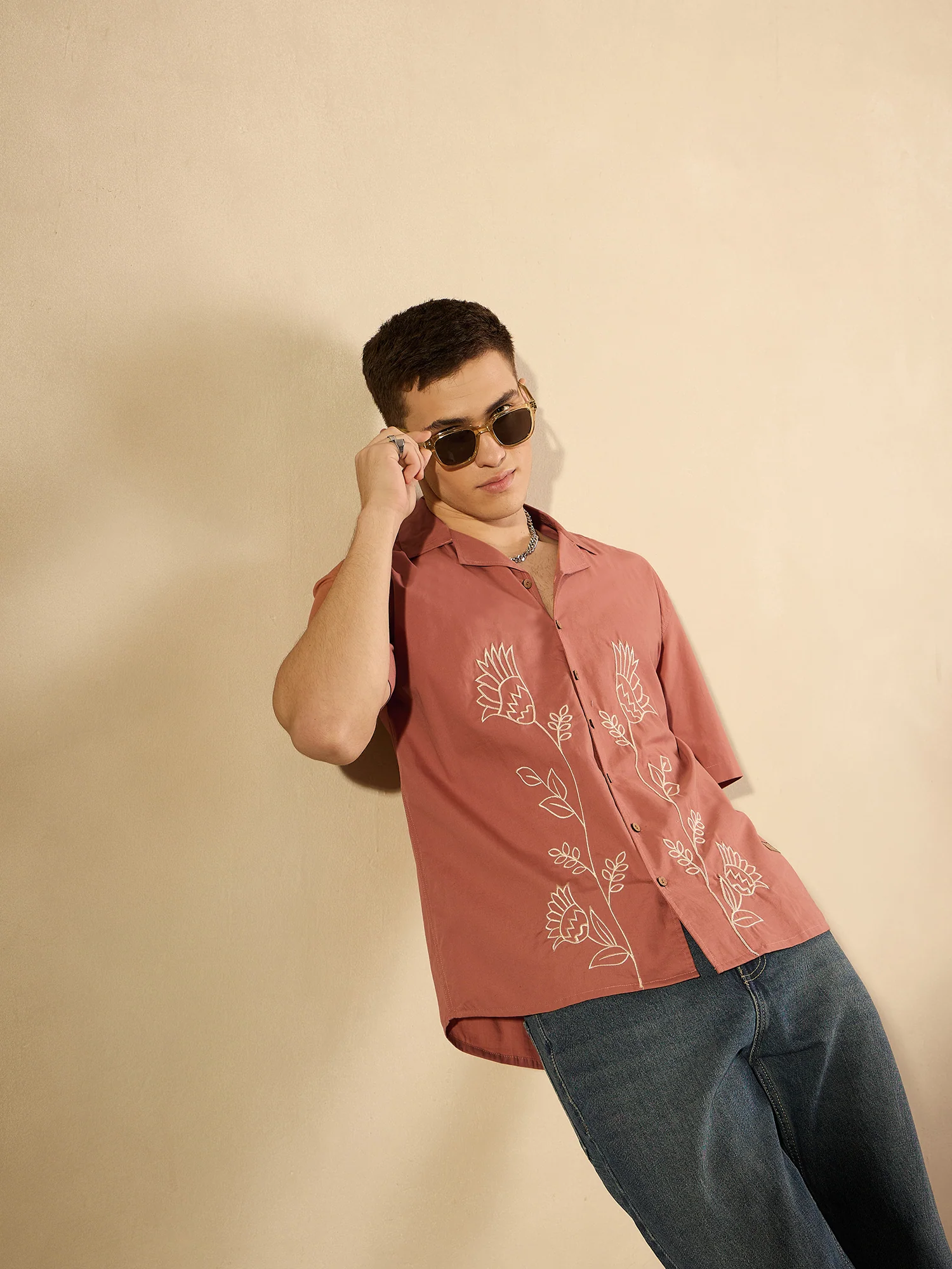 Brick Red: Half Sleeves Embroidery Shirt