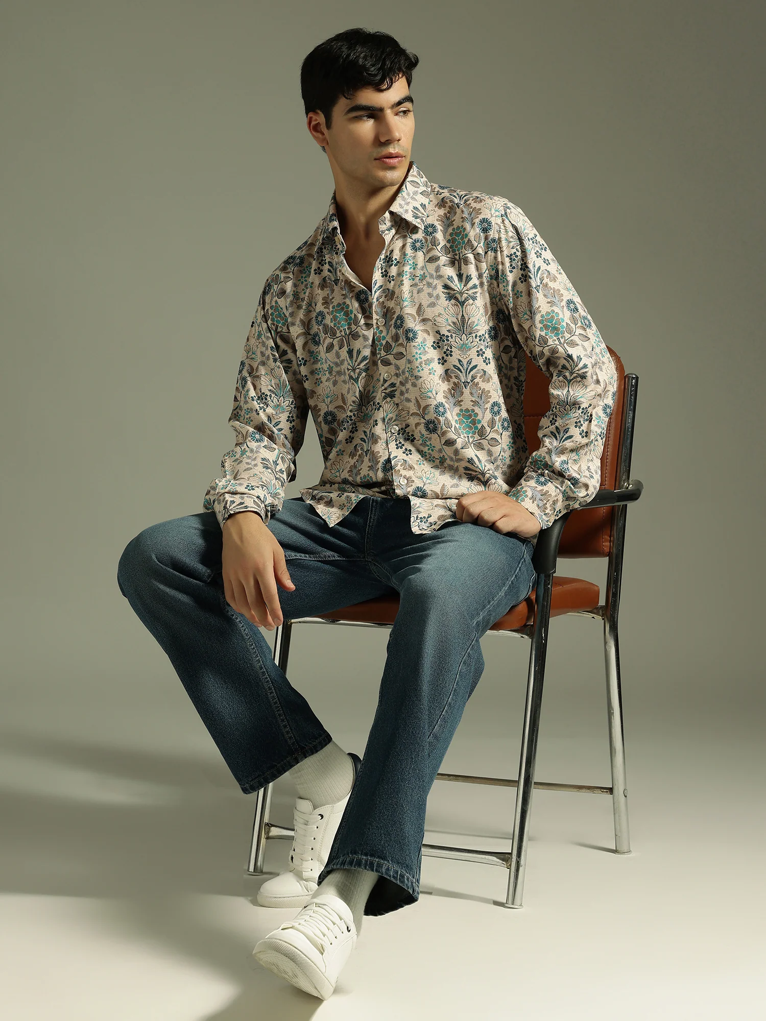 Beige: Full Sleeves Floral Printed Shirt
