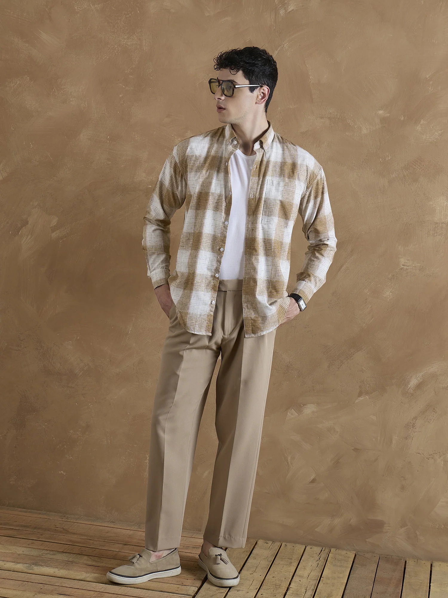 Light Brown & White: Full Sleeves Check Shirt
