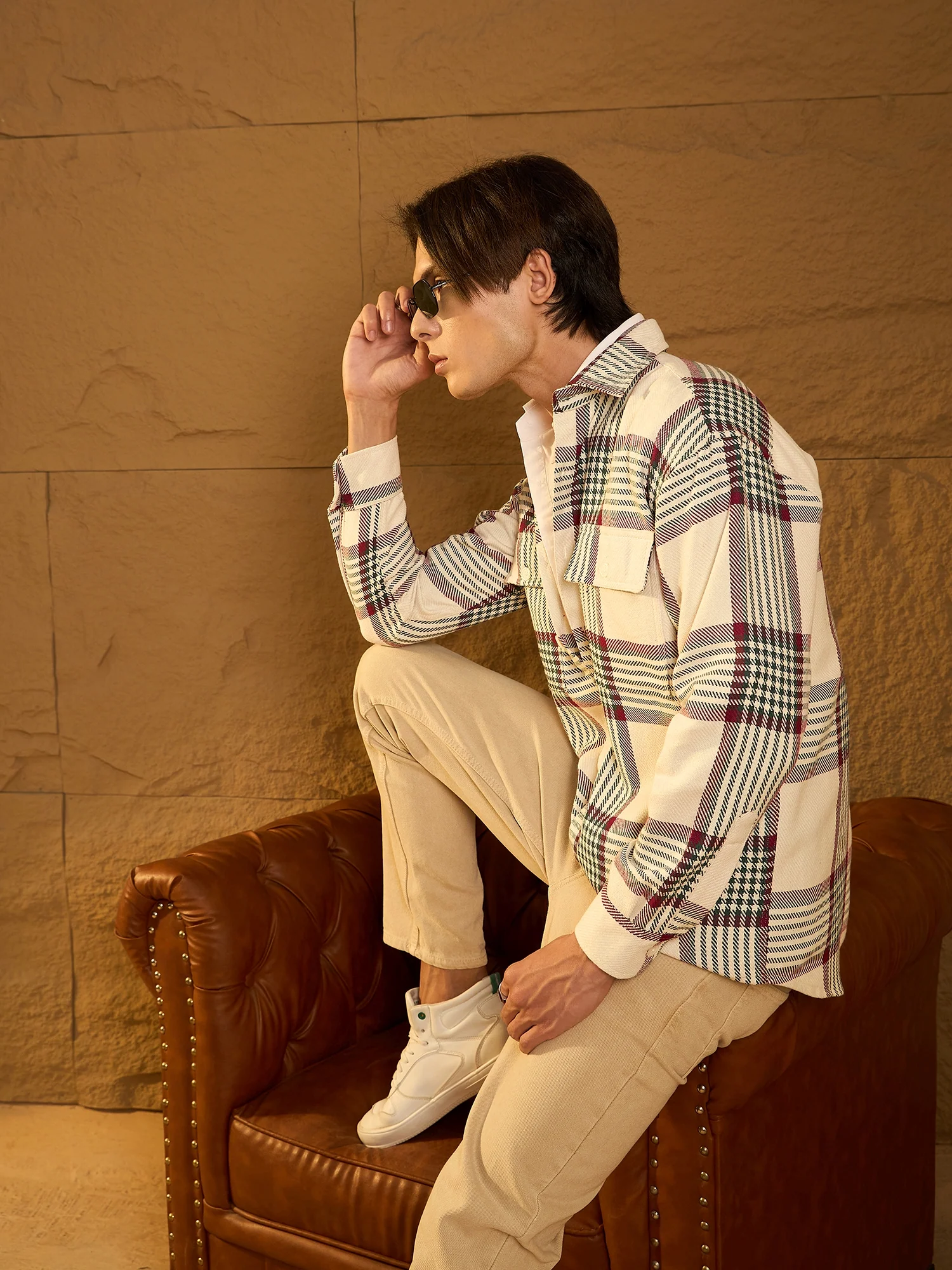Off White & Green: Checked Oversized Cotton Shacket