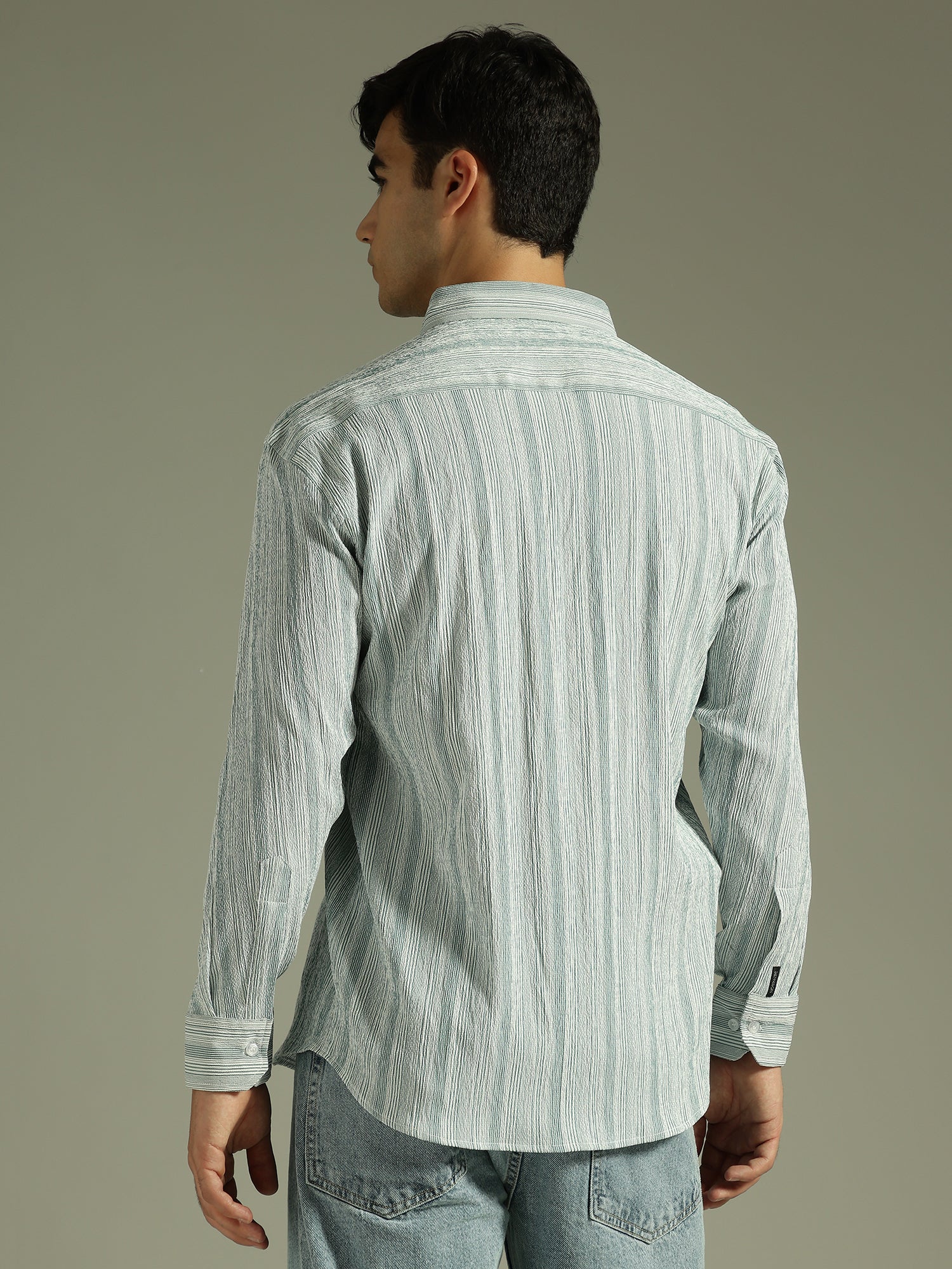 Green & White: Textured Drop Shoulder Casual Shirt