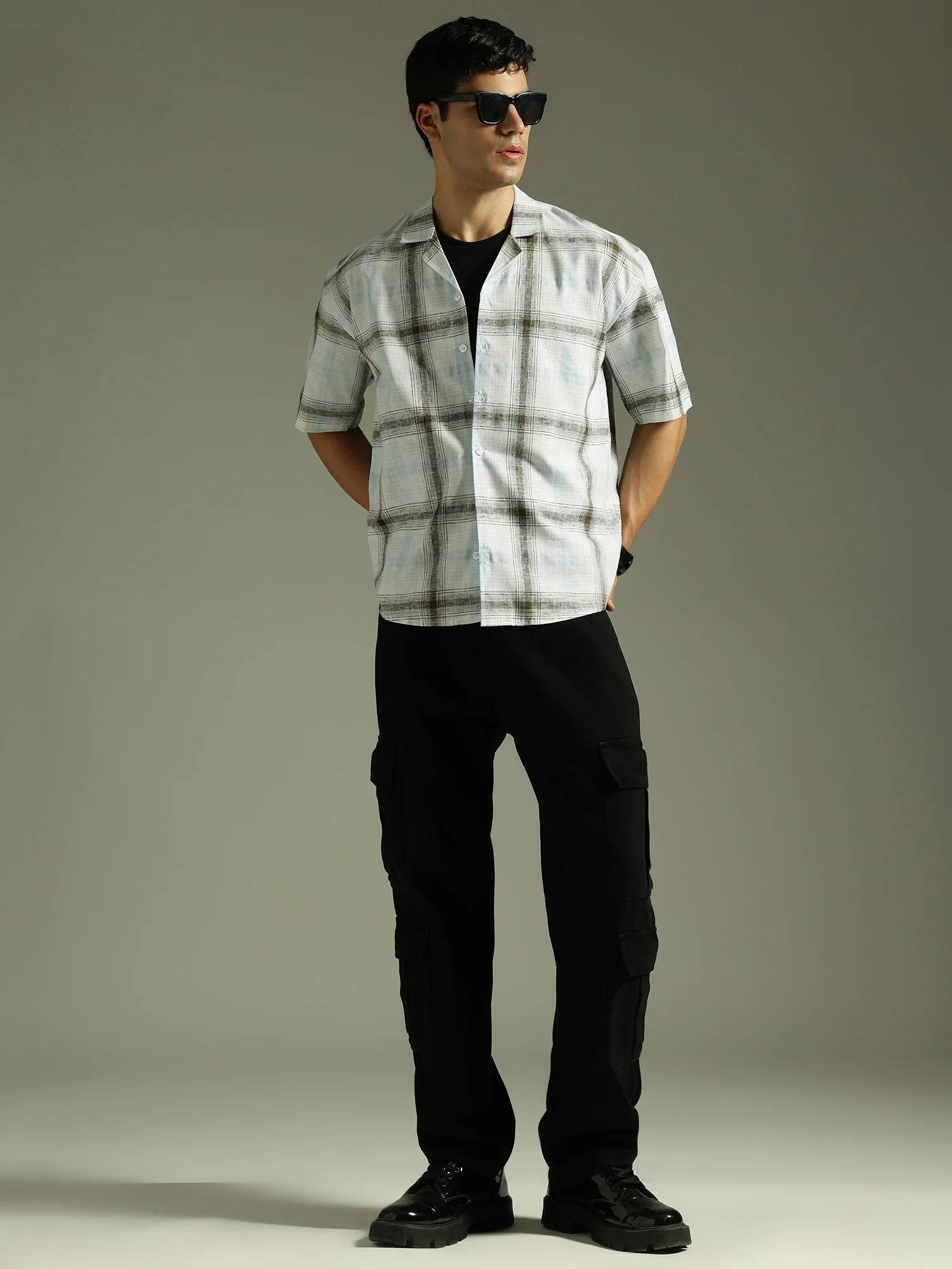 White & Light Blue: Half Sleeves Windowpane Checks Shirt