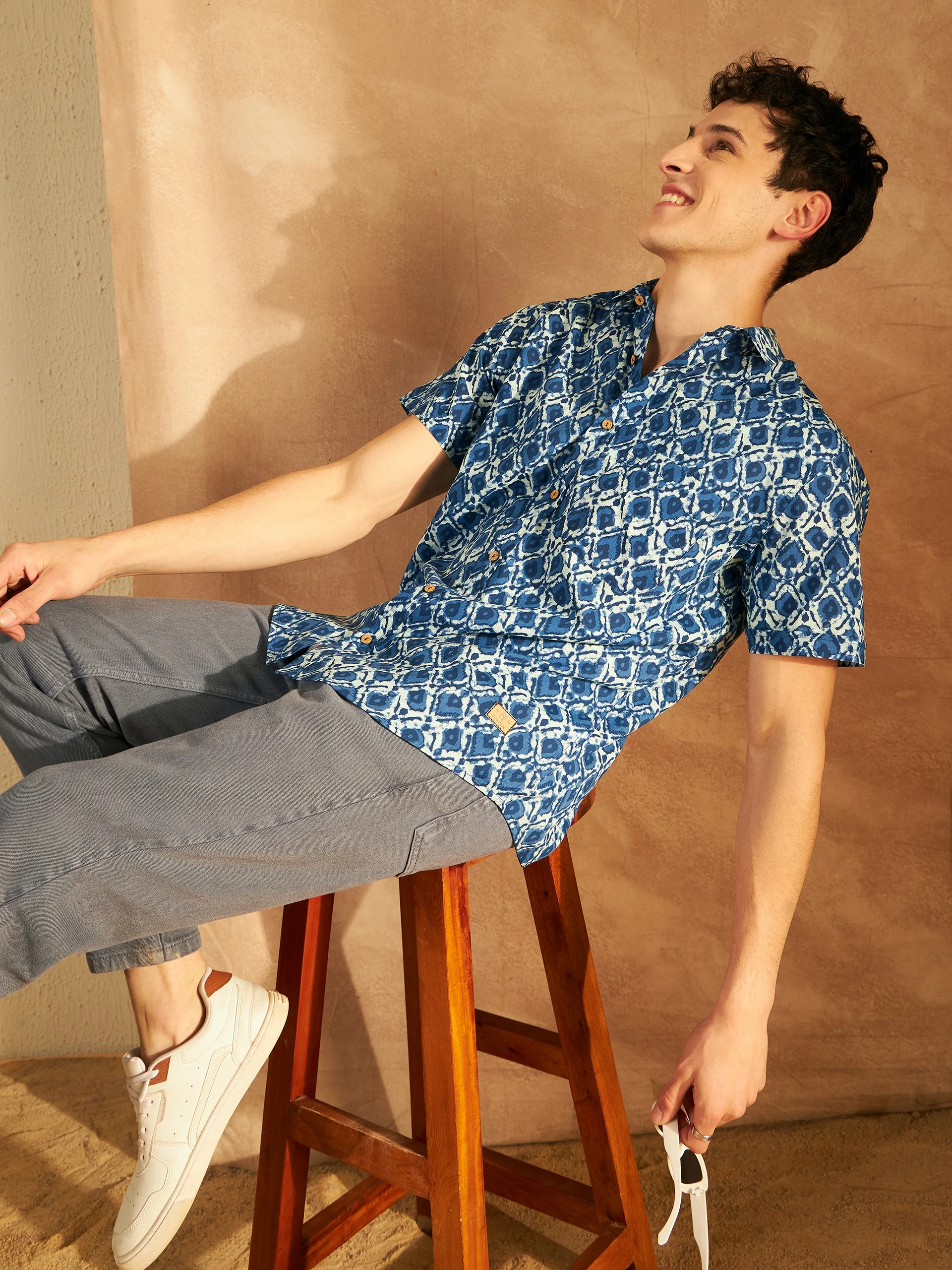 Blue: Half Sleeves Lightweight Block Printed Shirt