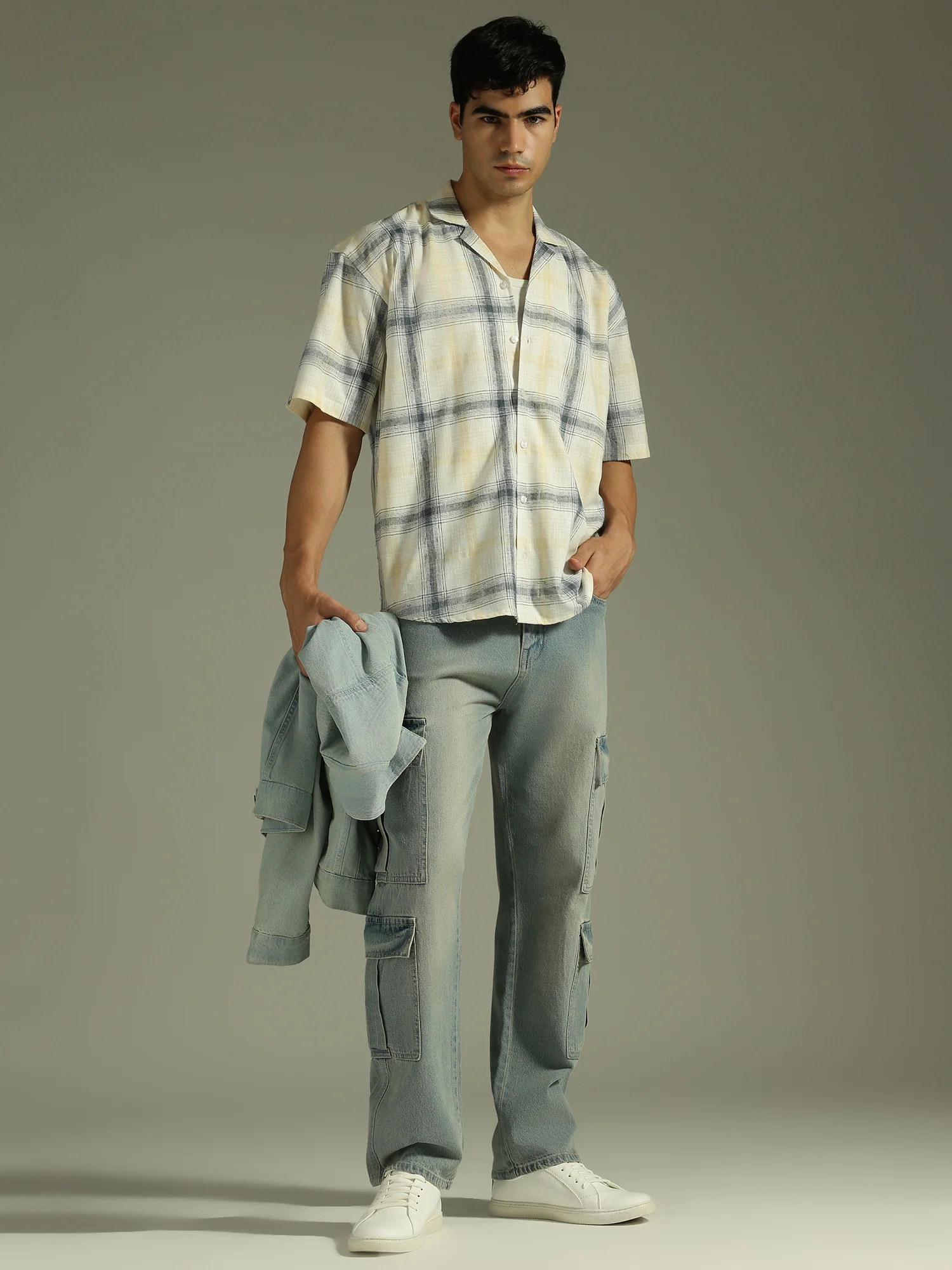 White & Beige: Half Sleeves Windowpane Checks Shirt