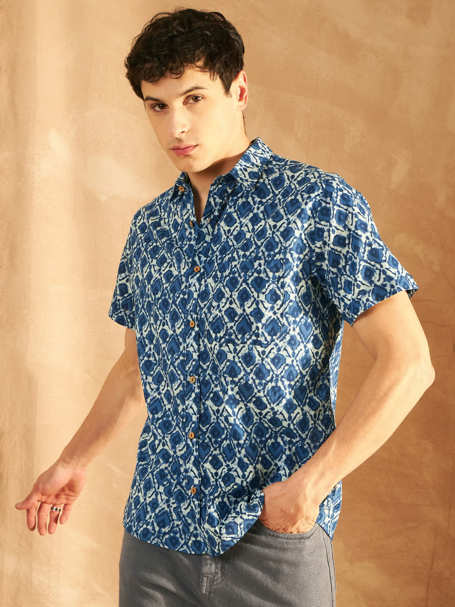 Blue: Half Sleeves Lightweight Block Printed Shirt