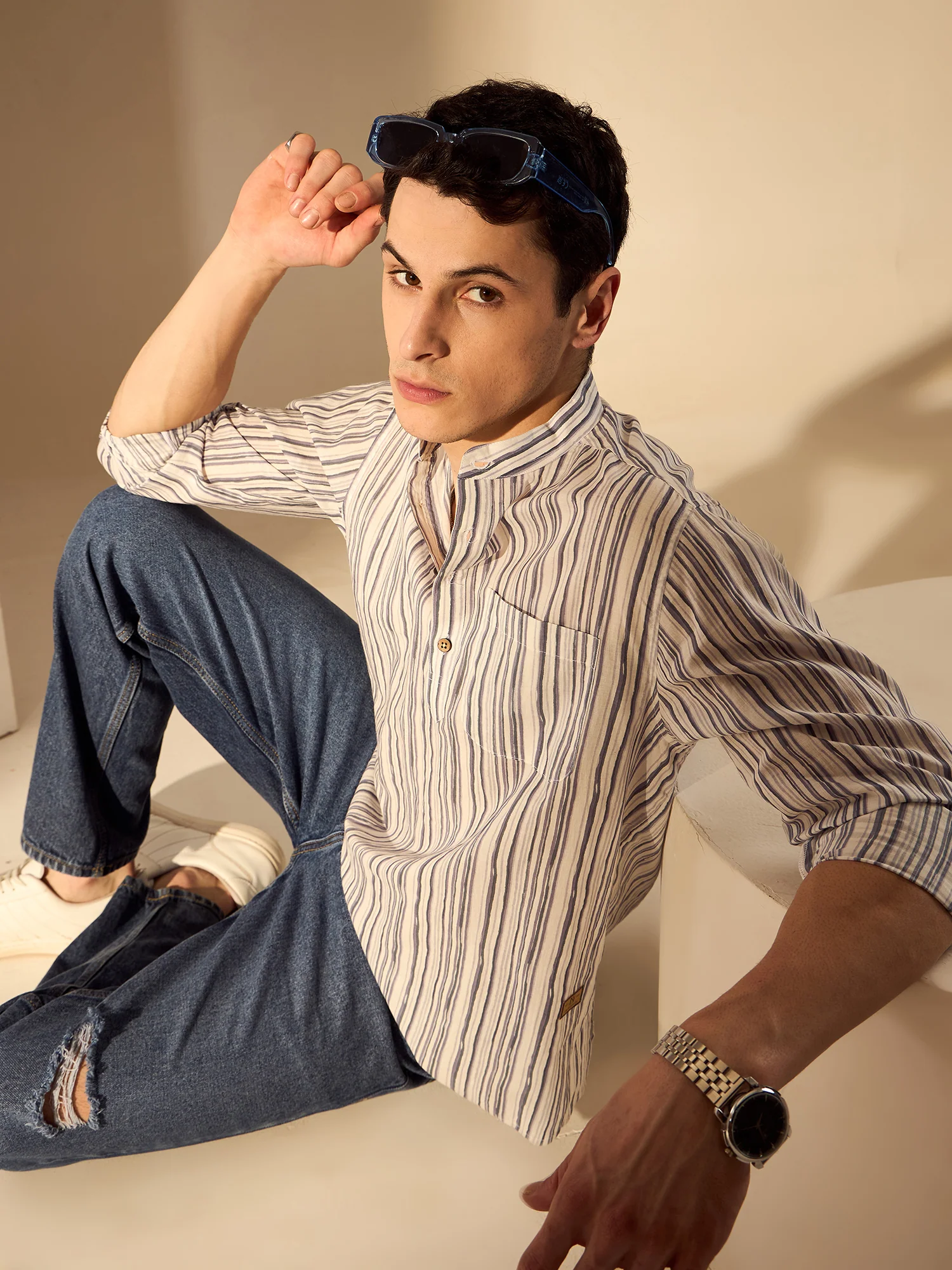 Grey & White: Striped Printed Sustainable Short Kurta