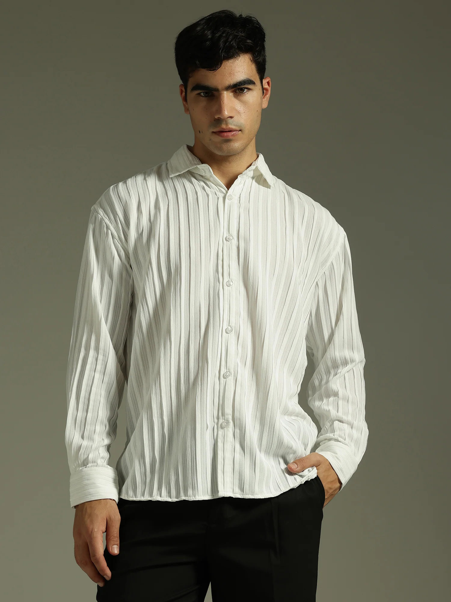 White: Stretchable Pleated Drop Shoulder Casual Shirt