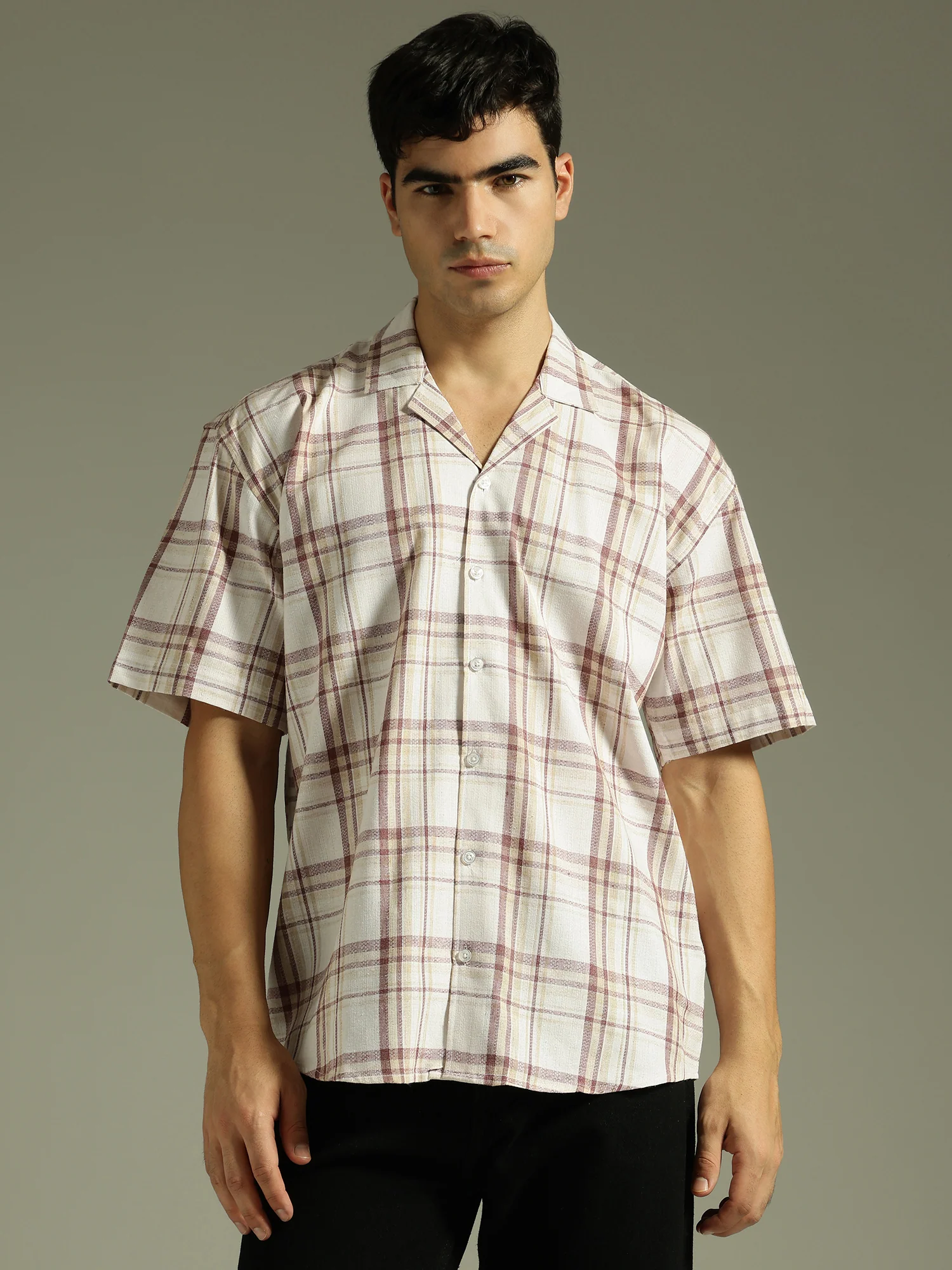 Beige & Maroon: Half Sleeves Tartan Checks Shirt