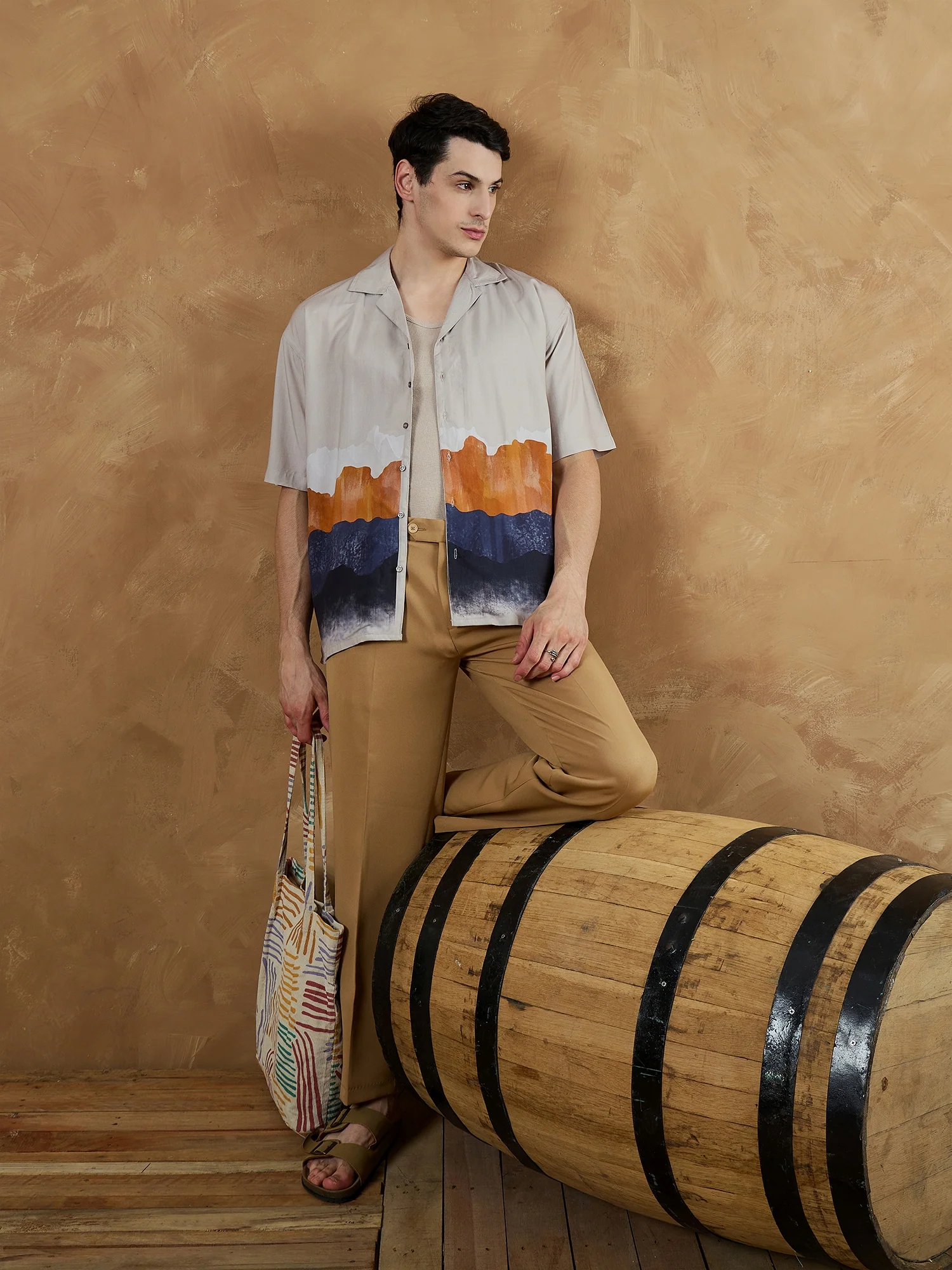 Cream & Blue: Oversized Placement Printed Shirt