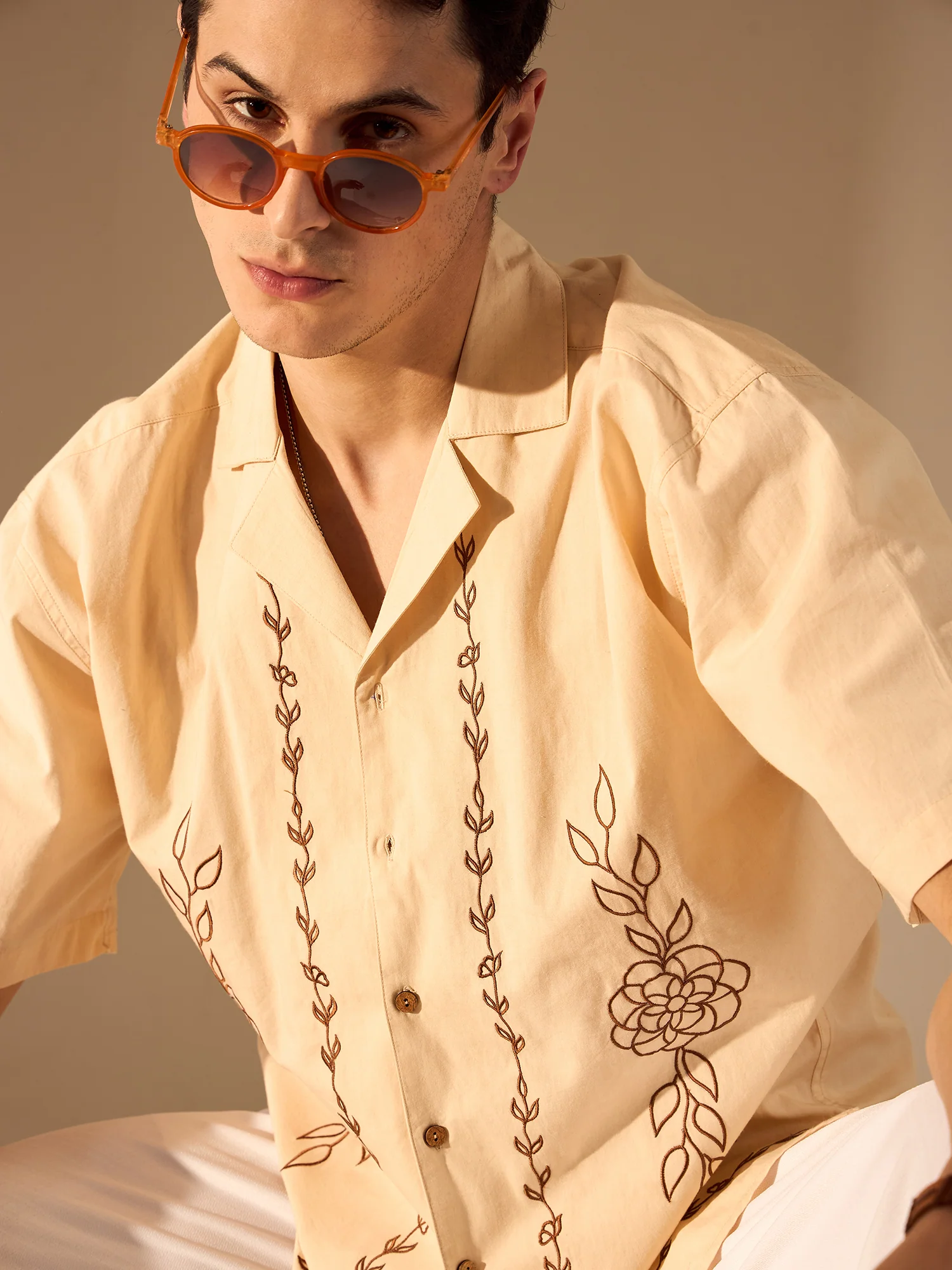 Beige:Half Sleeves Embroidery Cotton Shirt