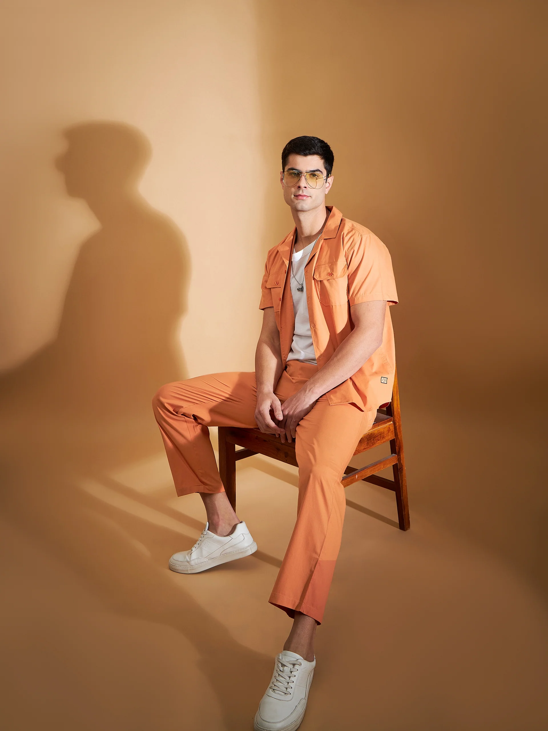 DENNISON Men Orange Coord Set | Solid Shirt With Straight Fit Pant