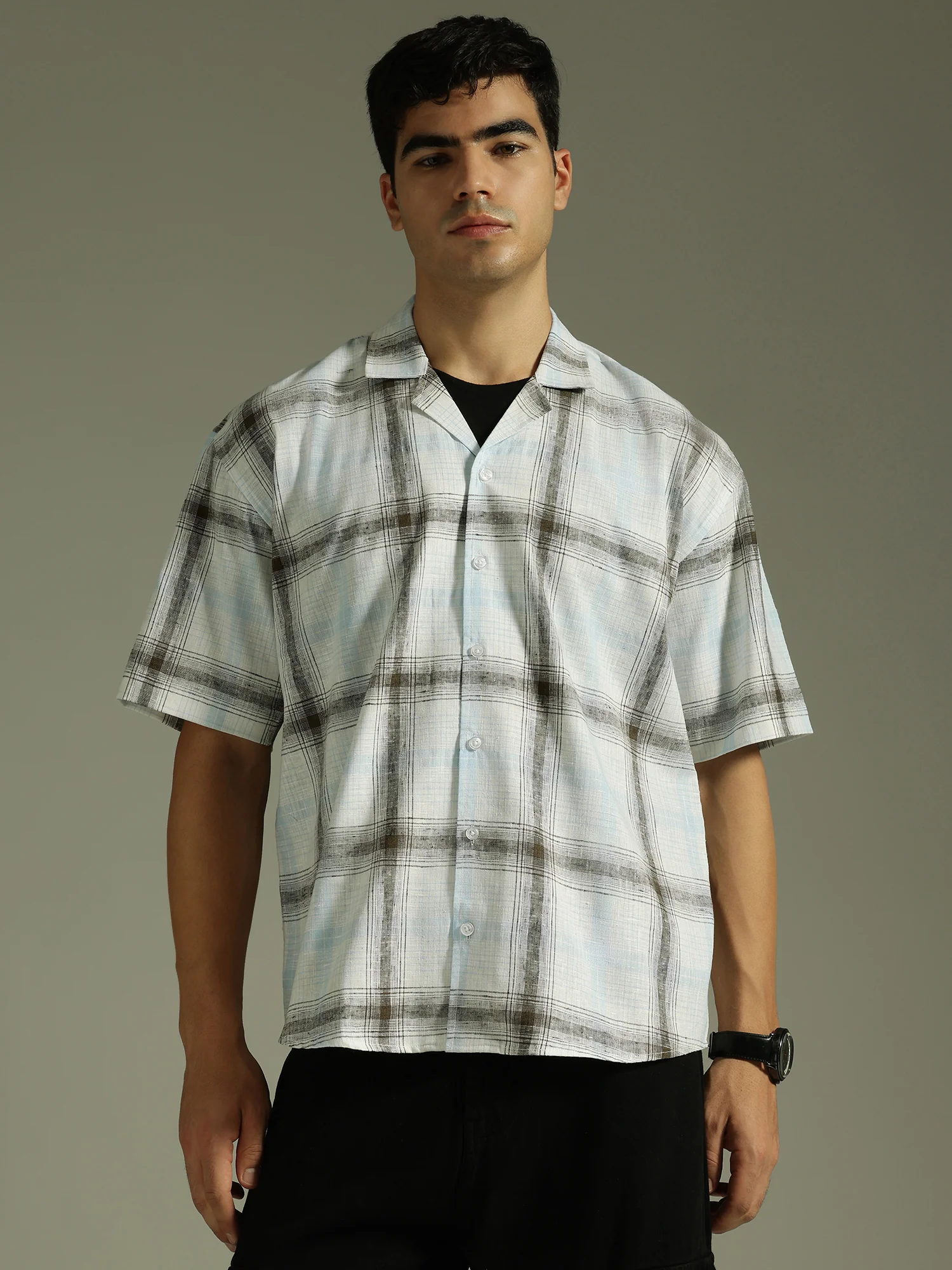 White & Light Blue: Half Sleeves Windowpane Checks Shirt