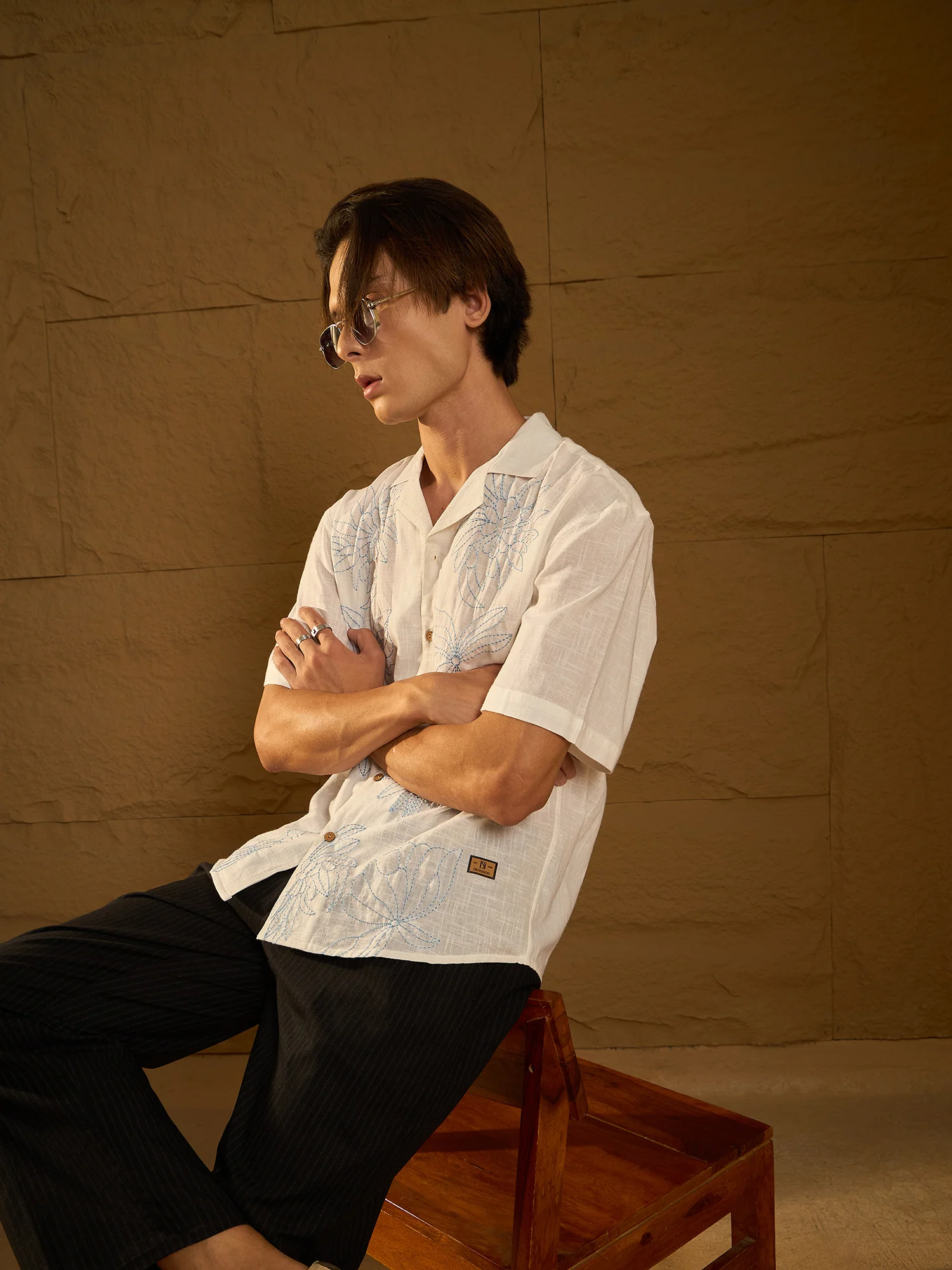White: Half Sleeves Floral Embroidery Shirt