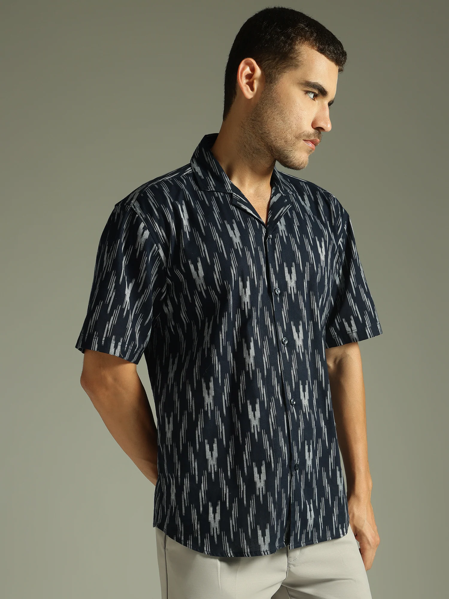 Blue: Ikat Embroidered Oversized Casual Shirt