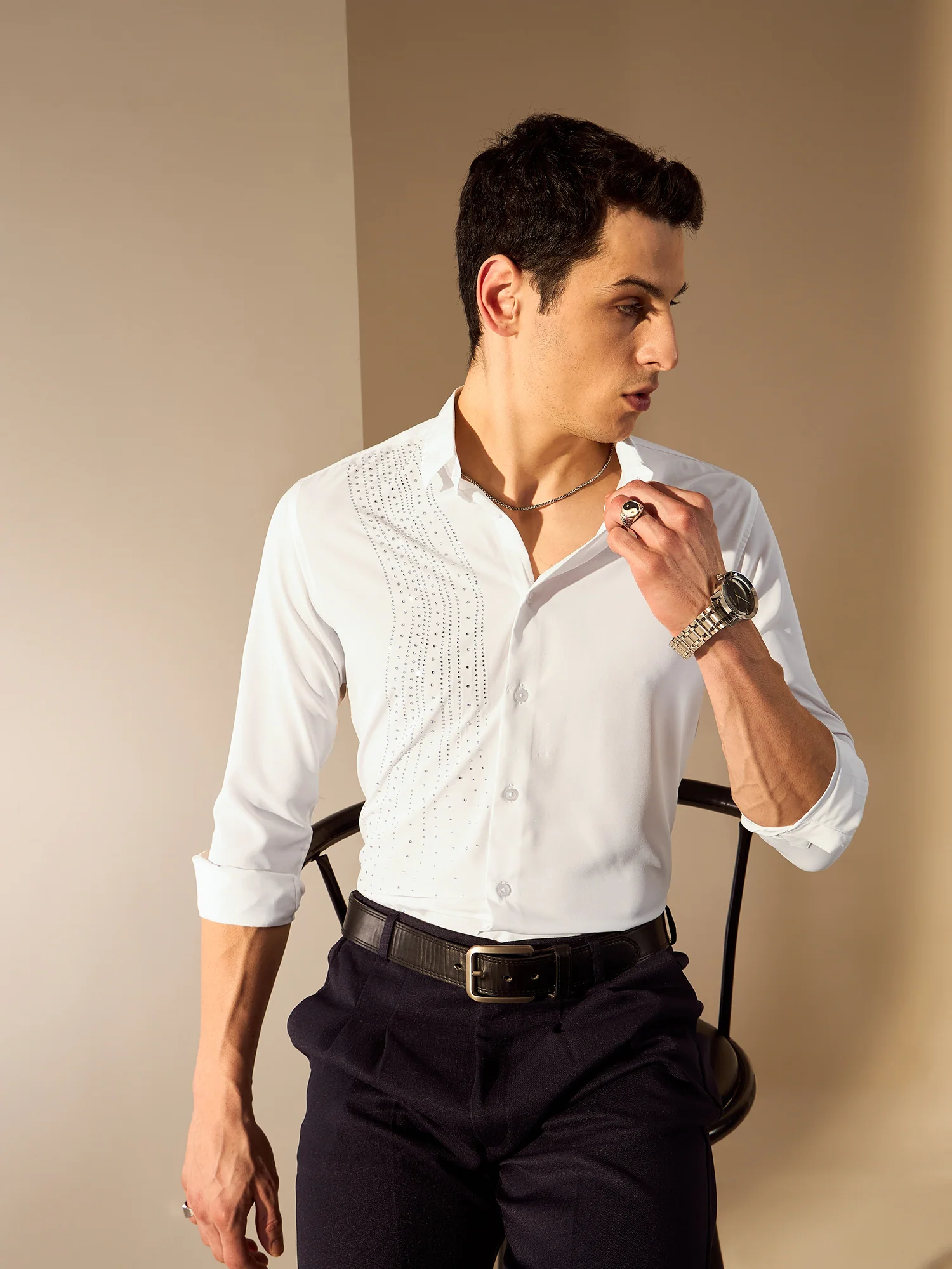 White: Full Sleeves Embellished Party Shirt
