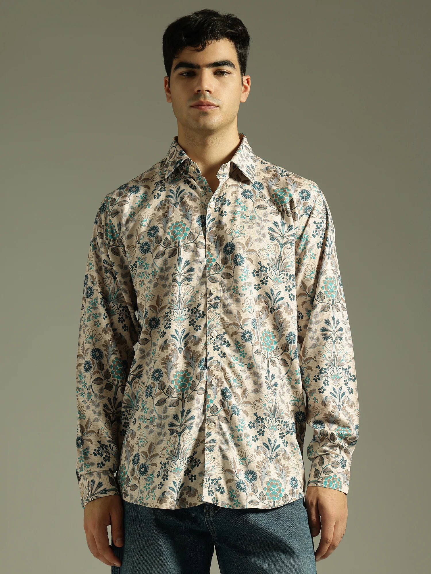 Beige: Full Sleeves Floral Printed Shirt