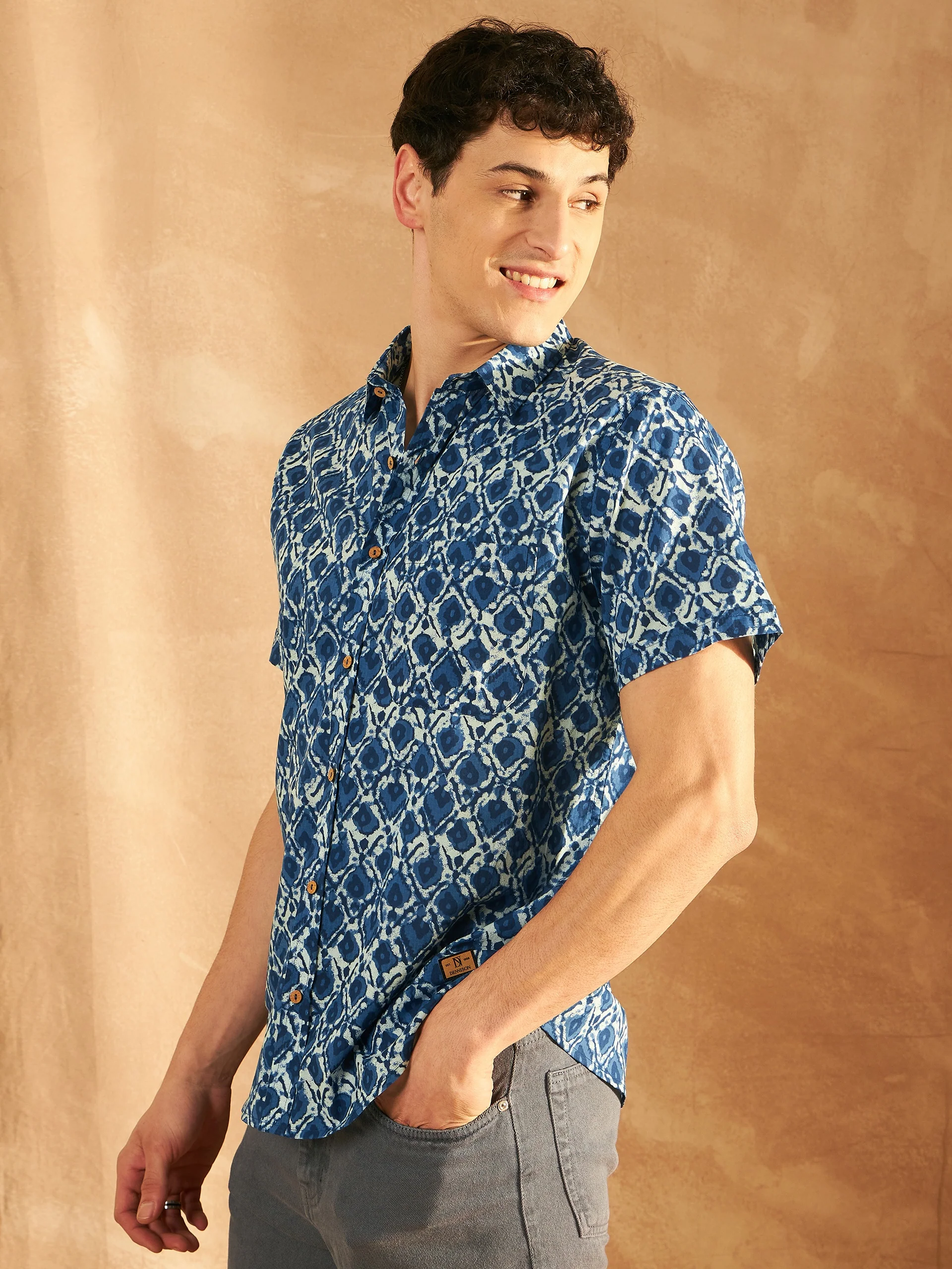 Blue: Half Sleeves Lightweight Block Printed Shirt