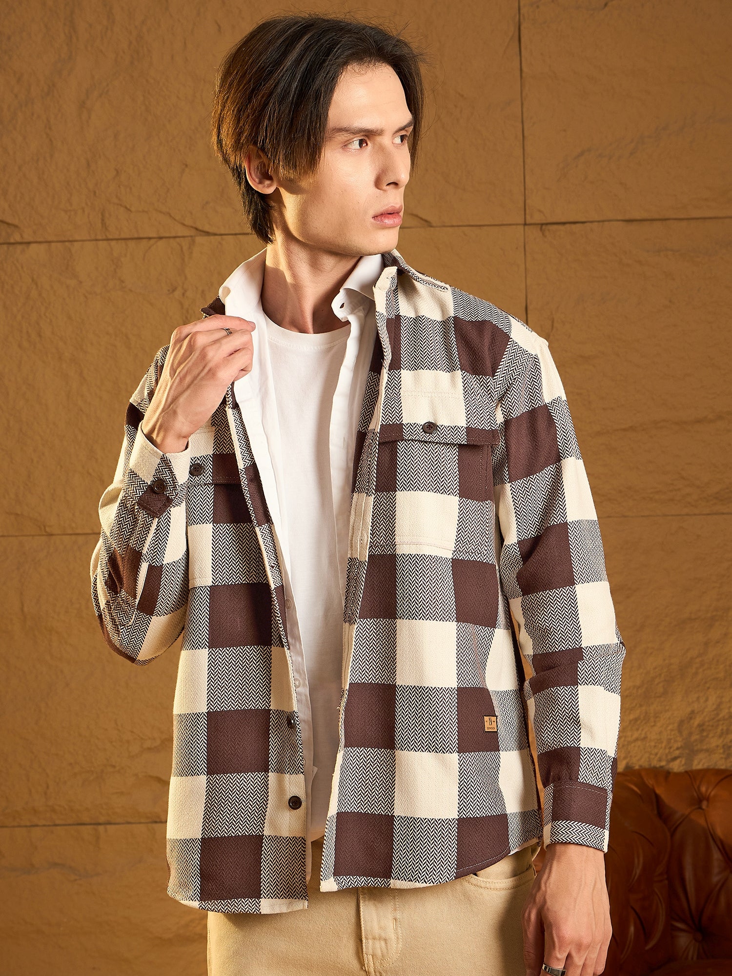 Double Pocket Drop Shoulder Oversized Cotton Checked Shacket