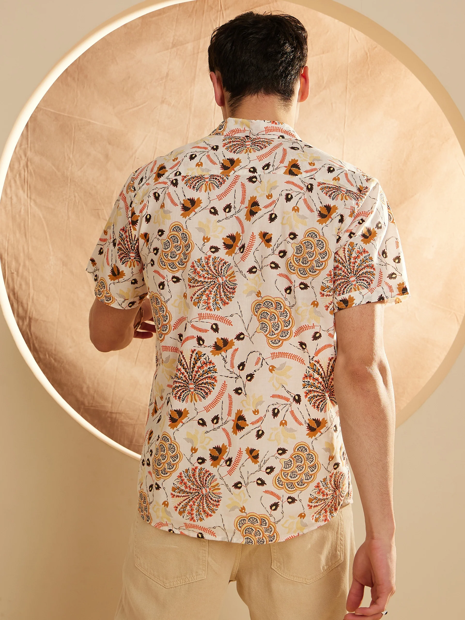 Cream: Half Sleeves Block Printed Shirt