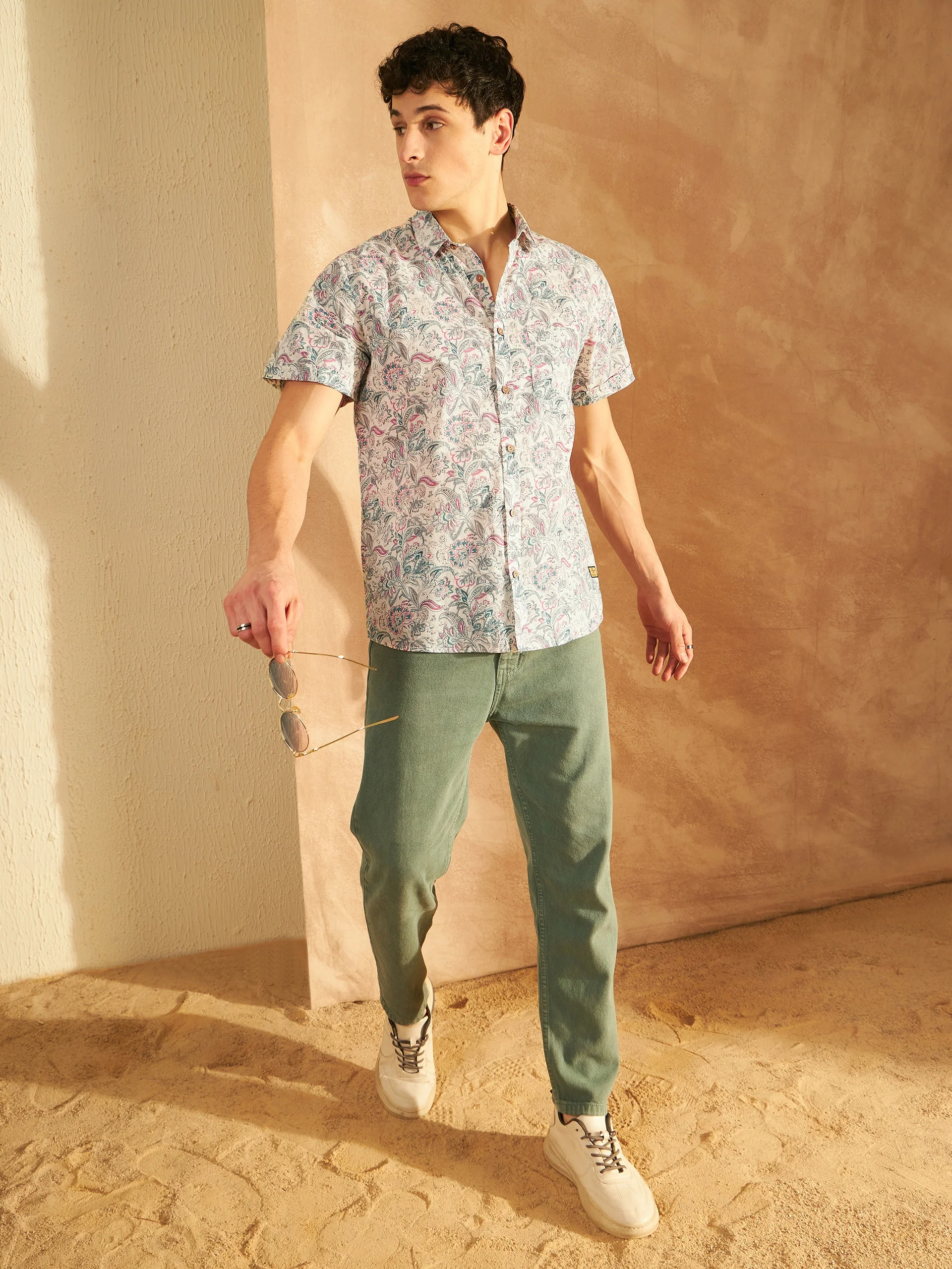 Cream & Blue: Half Sleeves Block Printed Shirt
