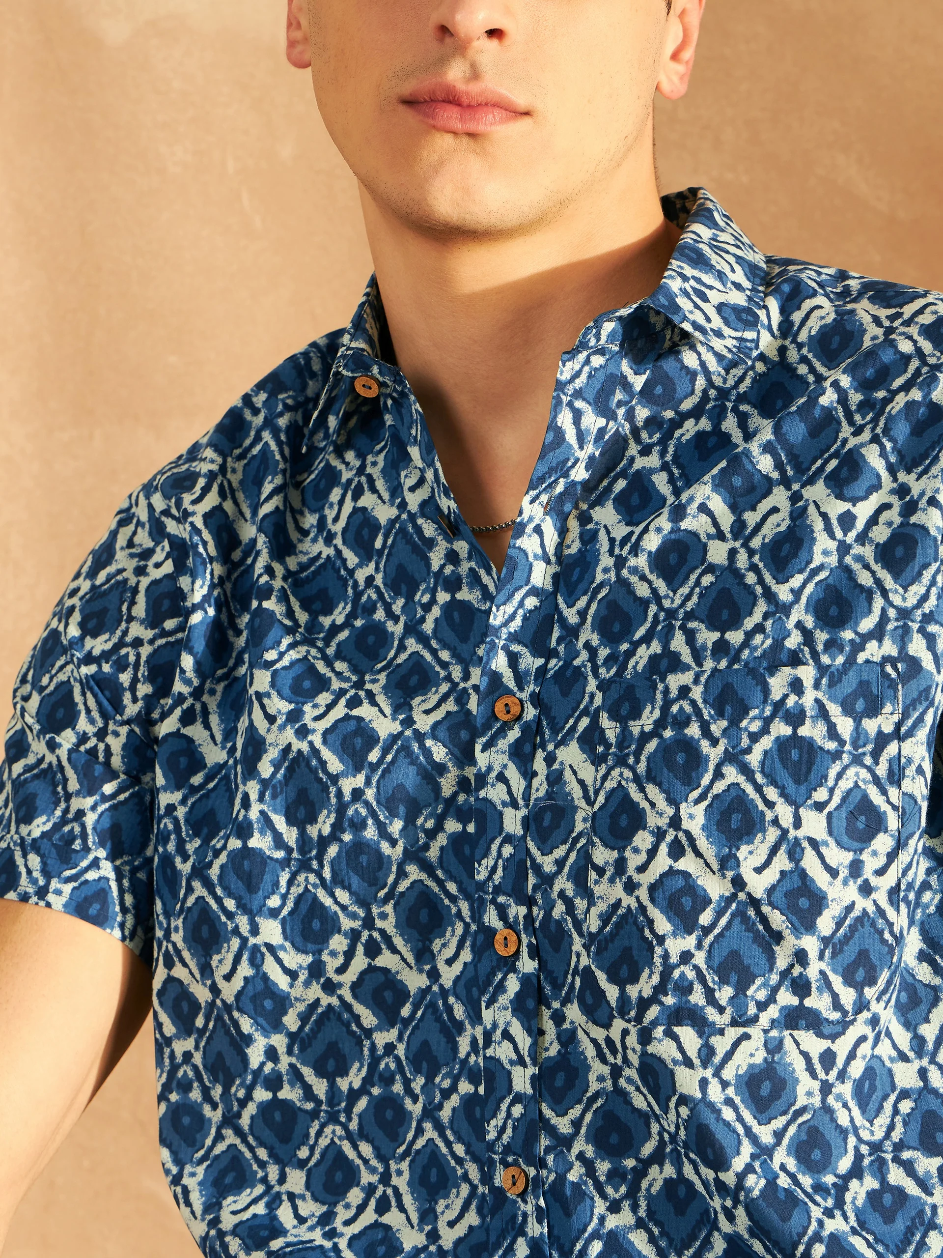 Blue: Half Sleeves Lightweight Block Printed Shirt