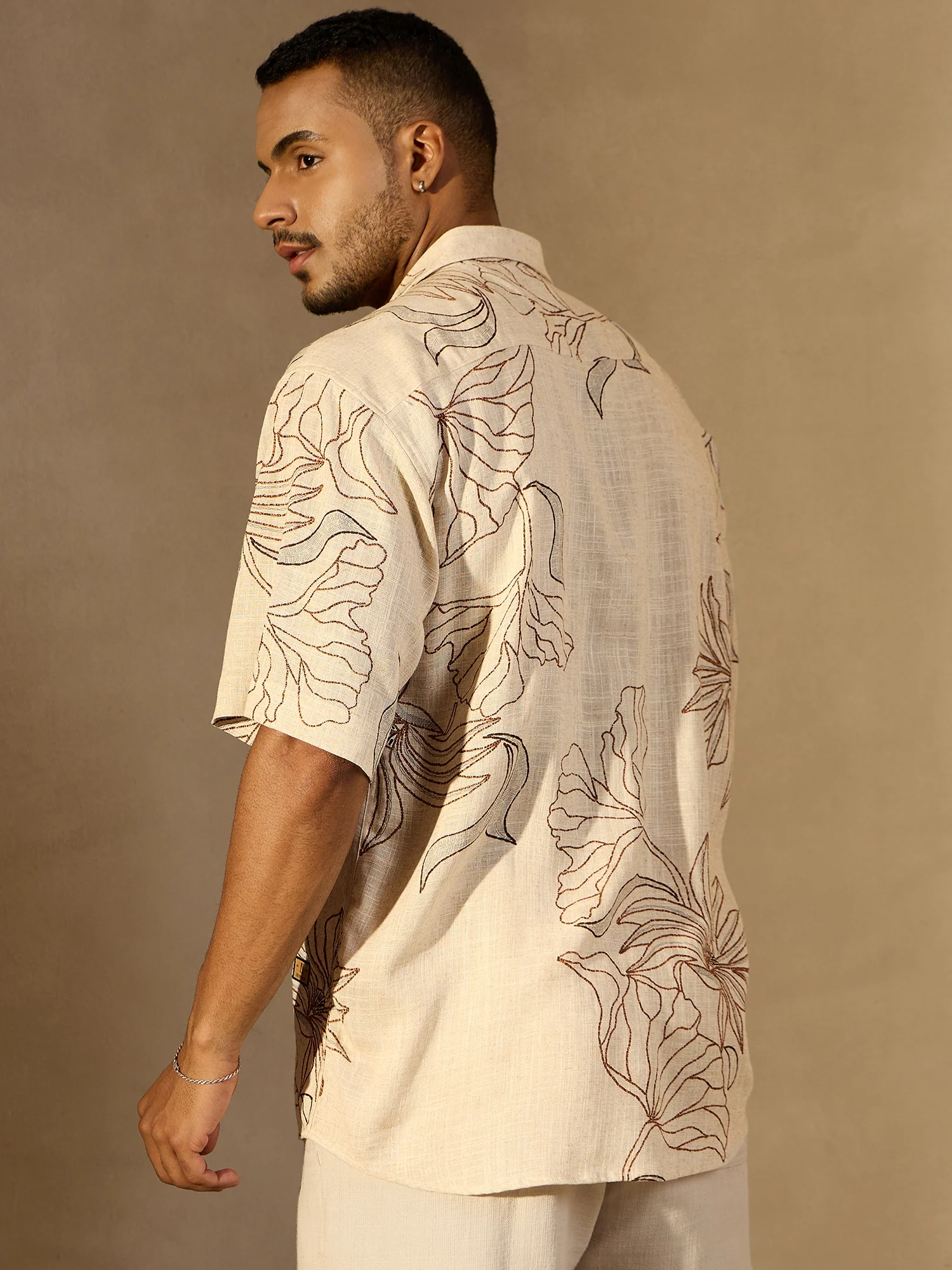 Beige & Brown: Half Sleeves floral printed Oversized Casual Shirt
