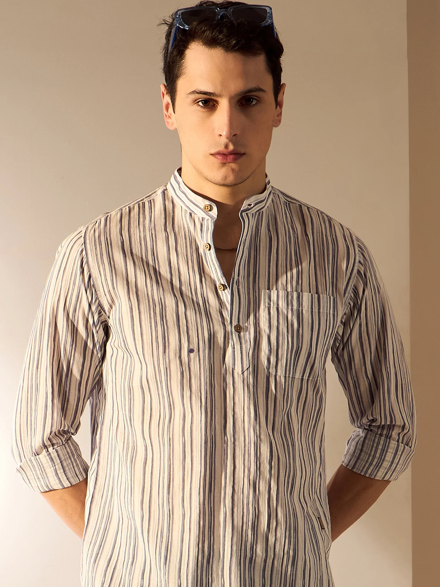 Grey & White: Striped Printed Sustainable Short Kurta