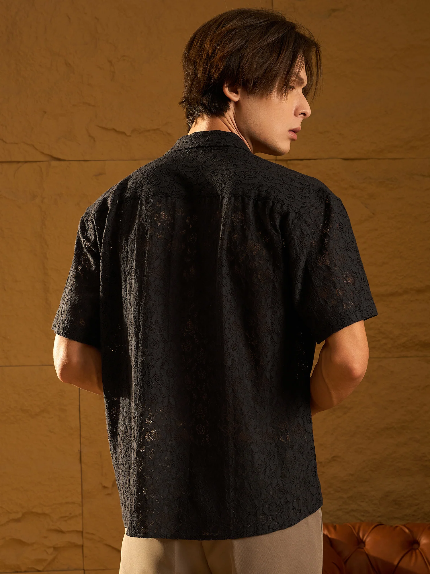 Black: Half Sleeves Schiffli Semi Sheer Oversized Shirt