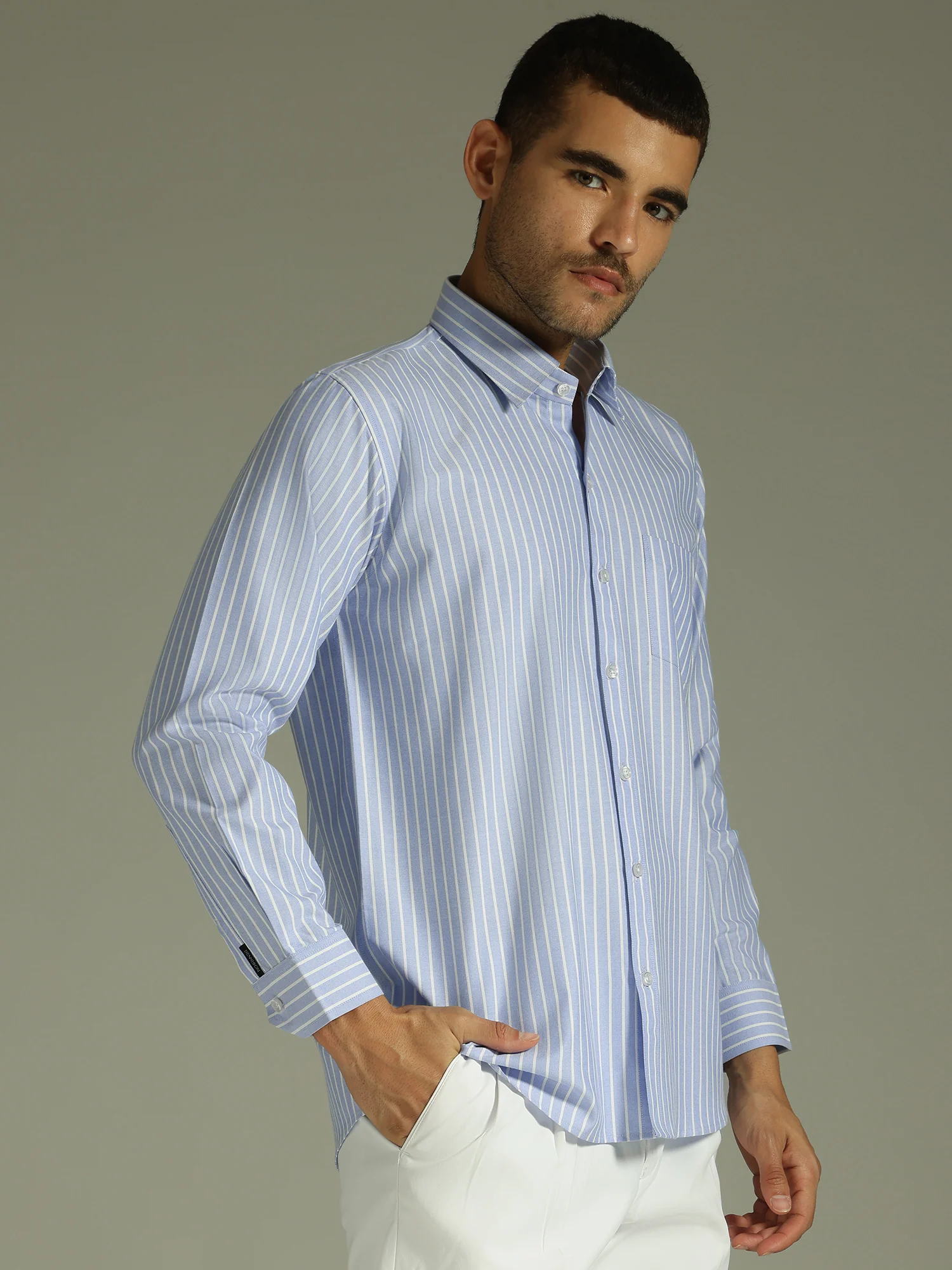 Sky Blue & White: Vertical Stripes Formal Shirt