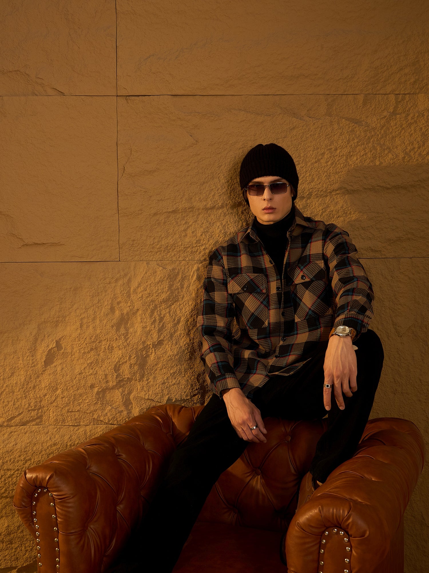 Brown & Black: Oversized Cotton Checked Shacket