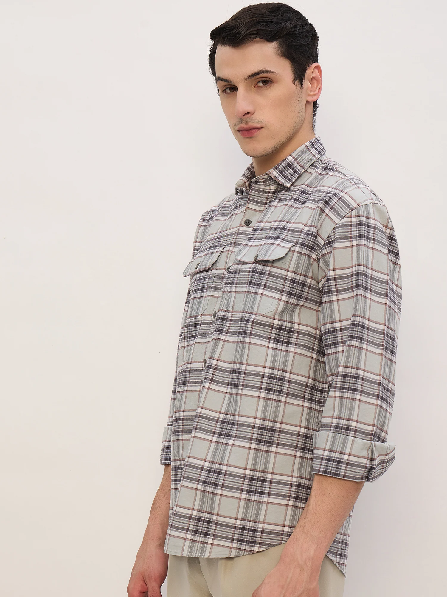 Mint & Grey: Full Sleeves Double Pocket Checkered Shirt