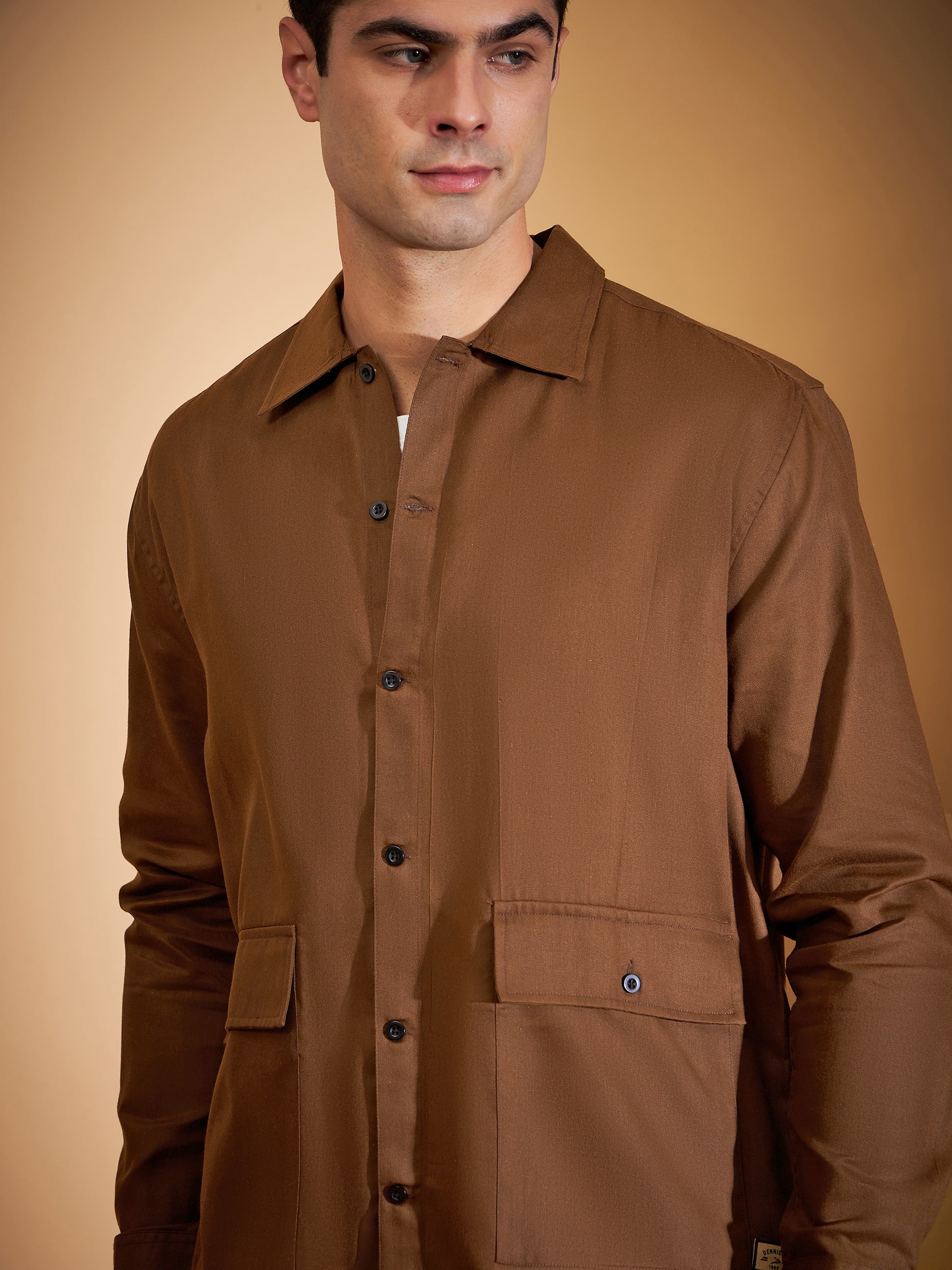 DENNISON Men Brown Coord Set | Solid Shirt With Straight Fit Pant