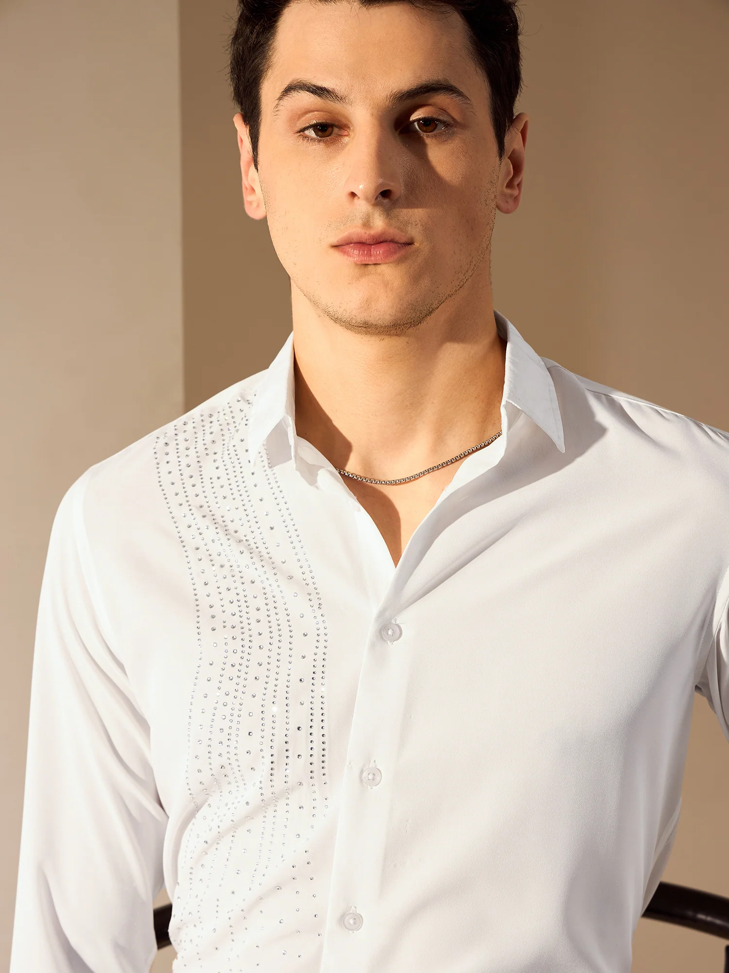White: Full Sleeves Embellished Party Shirt