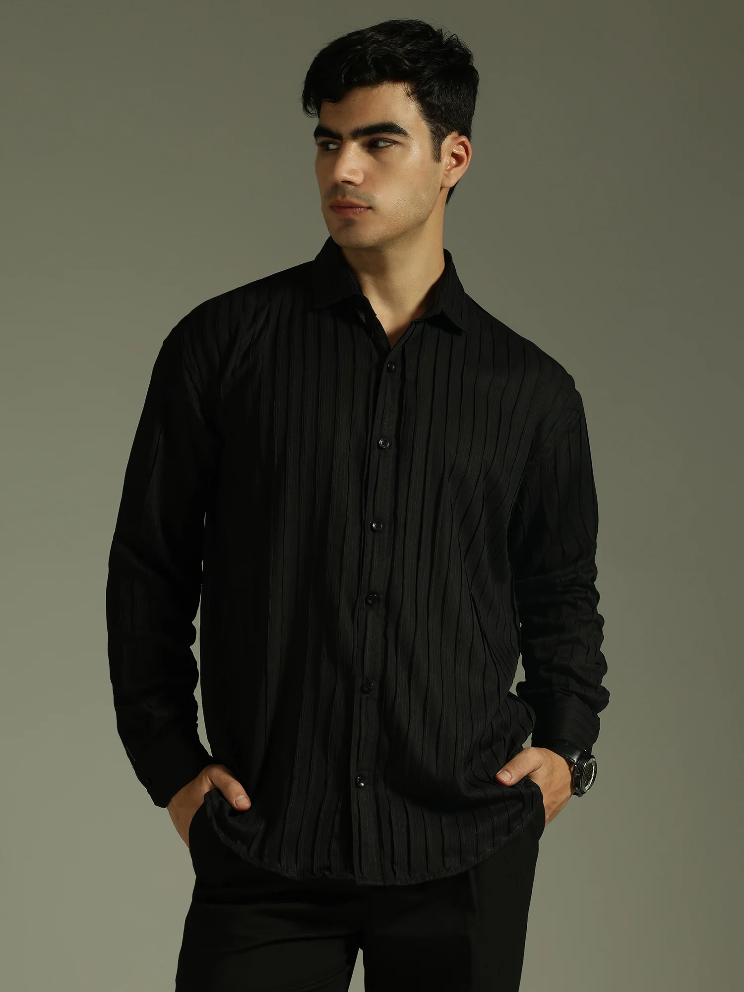 Black: Stretchable Pleated Drop Shoulder Casual Shirt