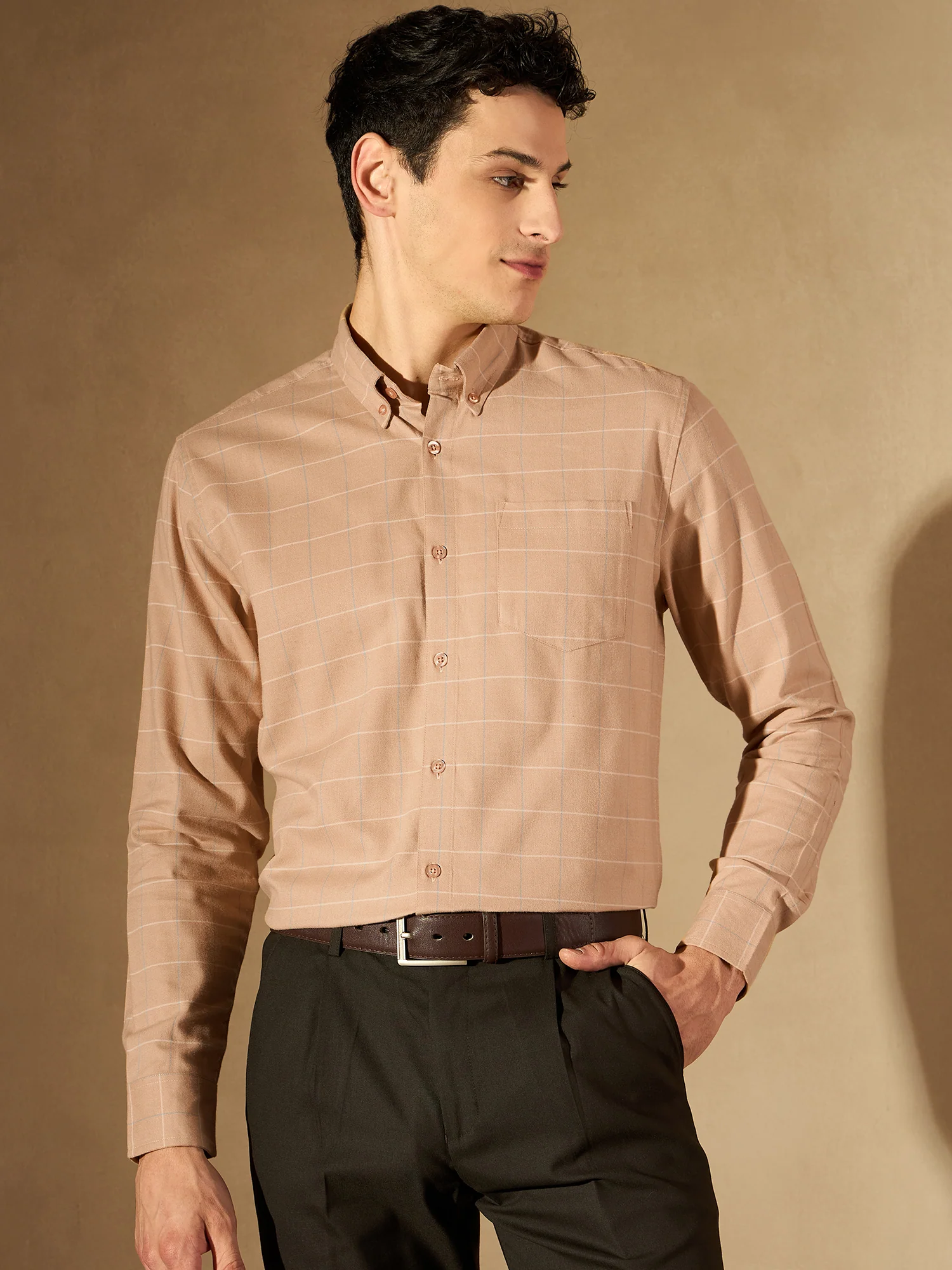 Brown: Full Sleeves Checked Formal Shirt