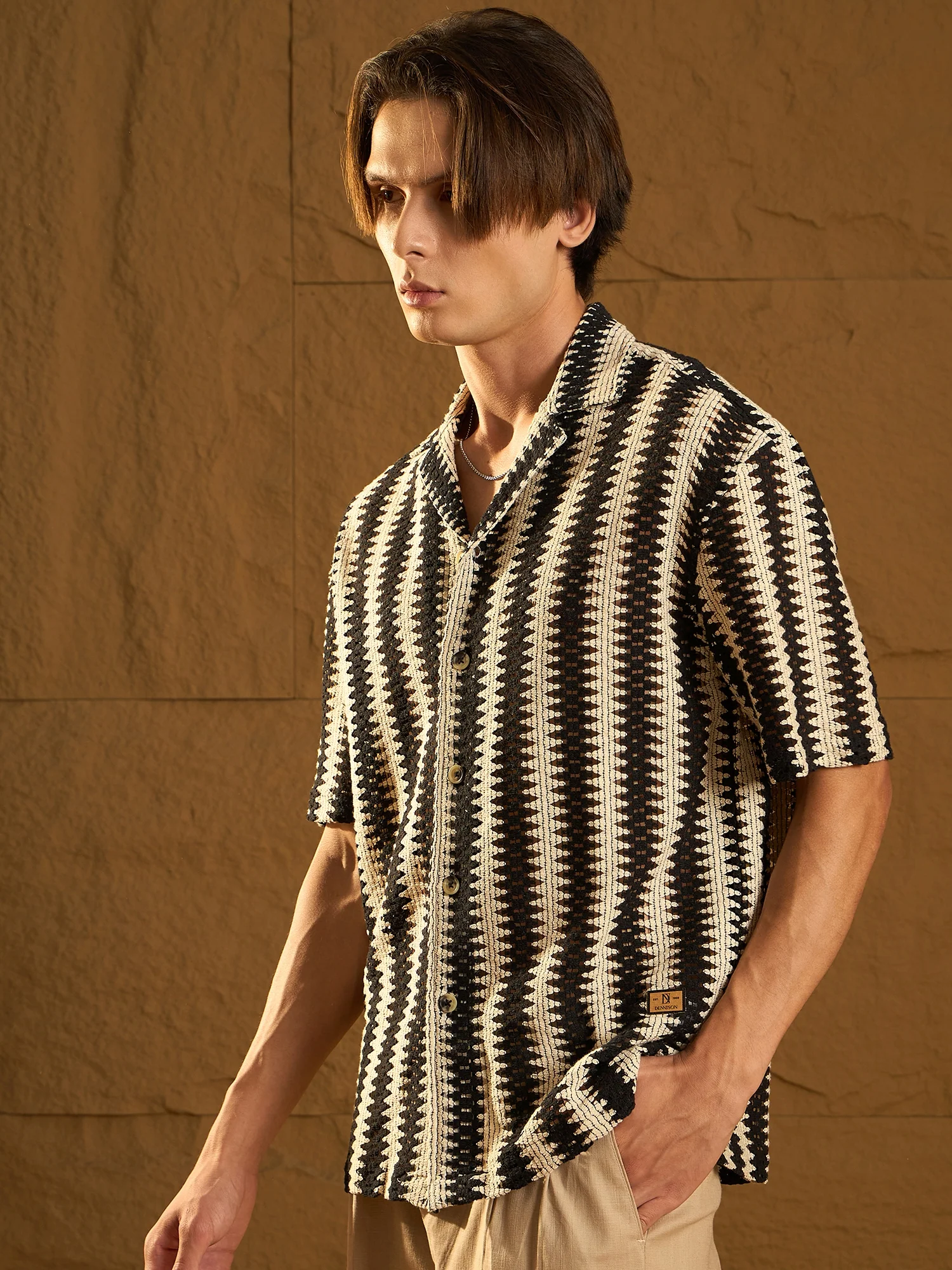 Cream & Black: Half Sleeves Crochet Zig Zag Stripes Shirt