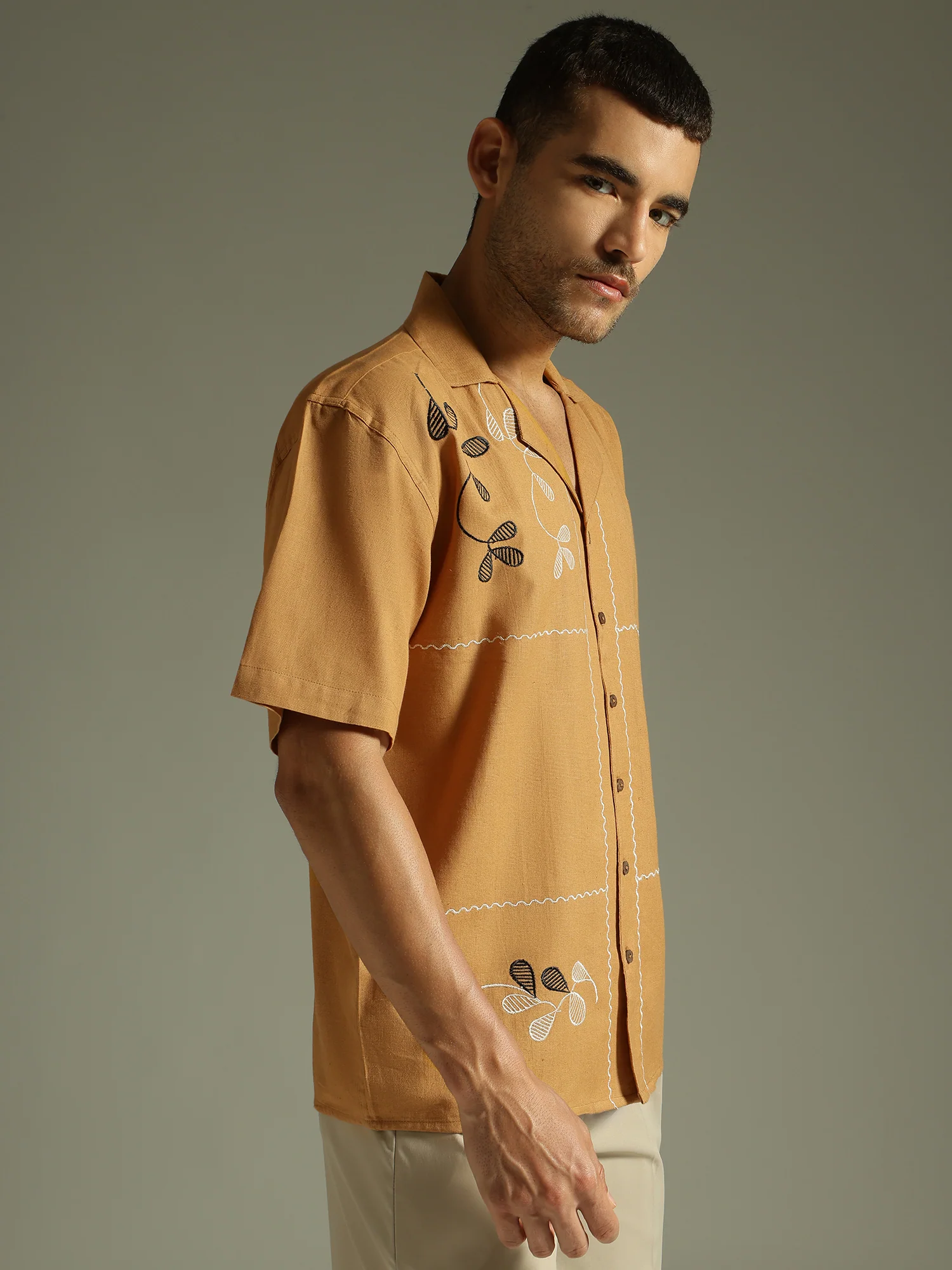Mustard & White: Embroidered Drop Shoulder Oversized Shirt