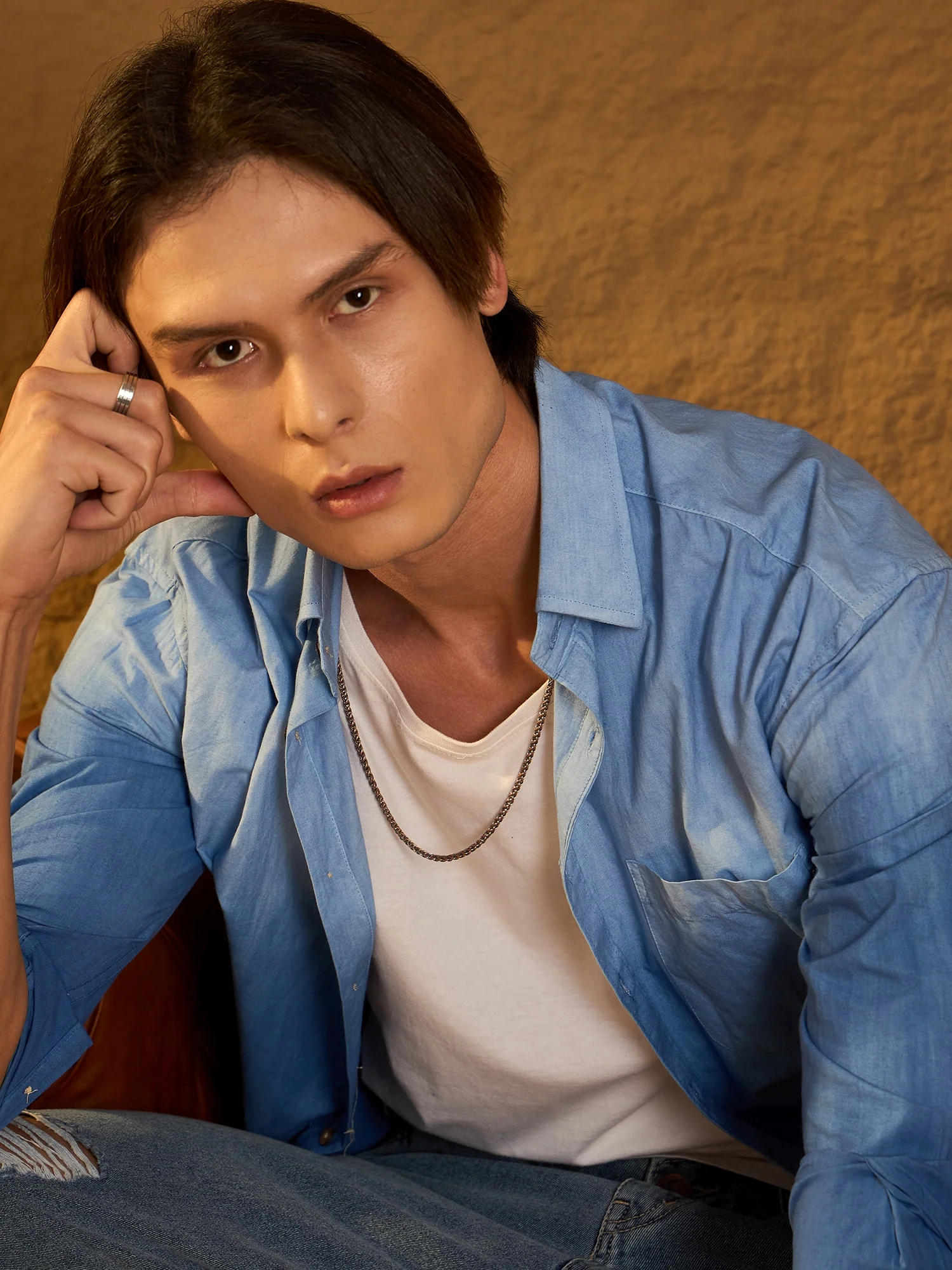 Blue: Full Sleeves Oversized Ombre Shirt