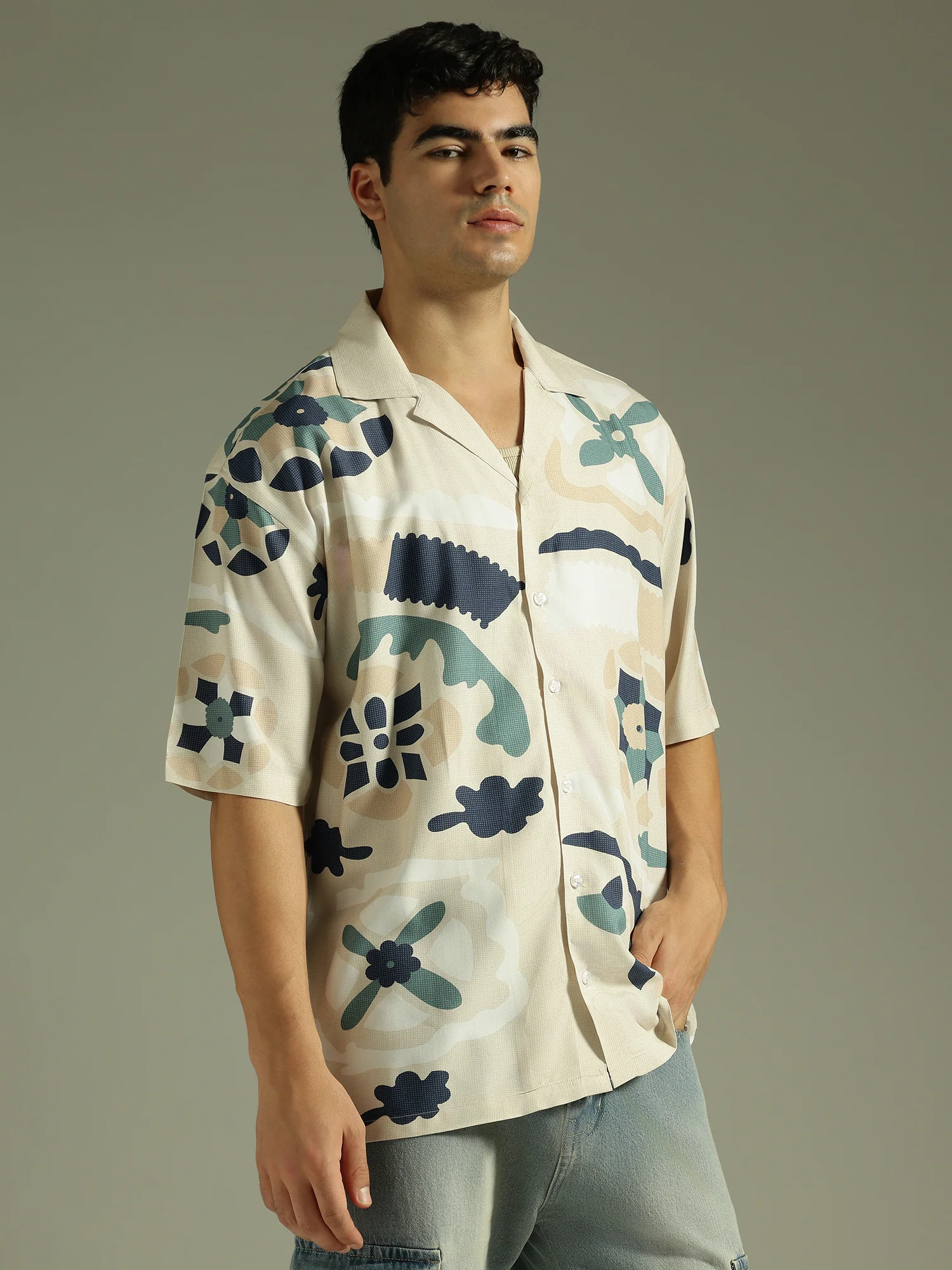 Beige: Abstract Printed Drop Shoulder Oversized Shirt