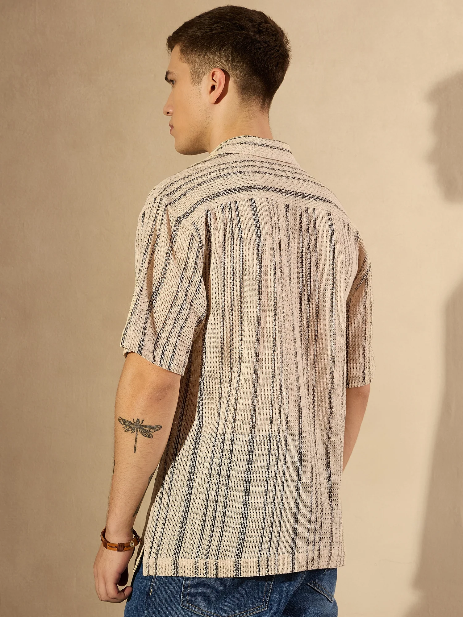 Cream & Black: Half Sleeves Crochet Oversized Striped Shirt
