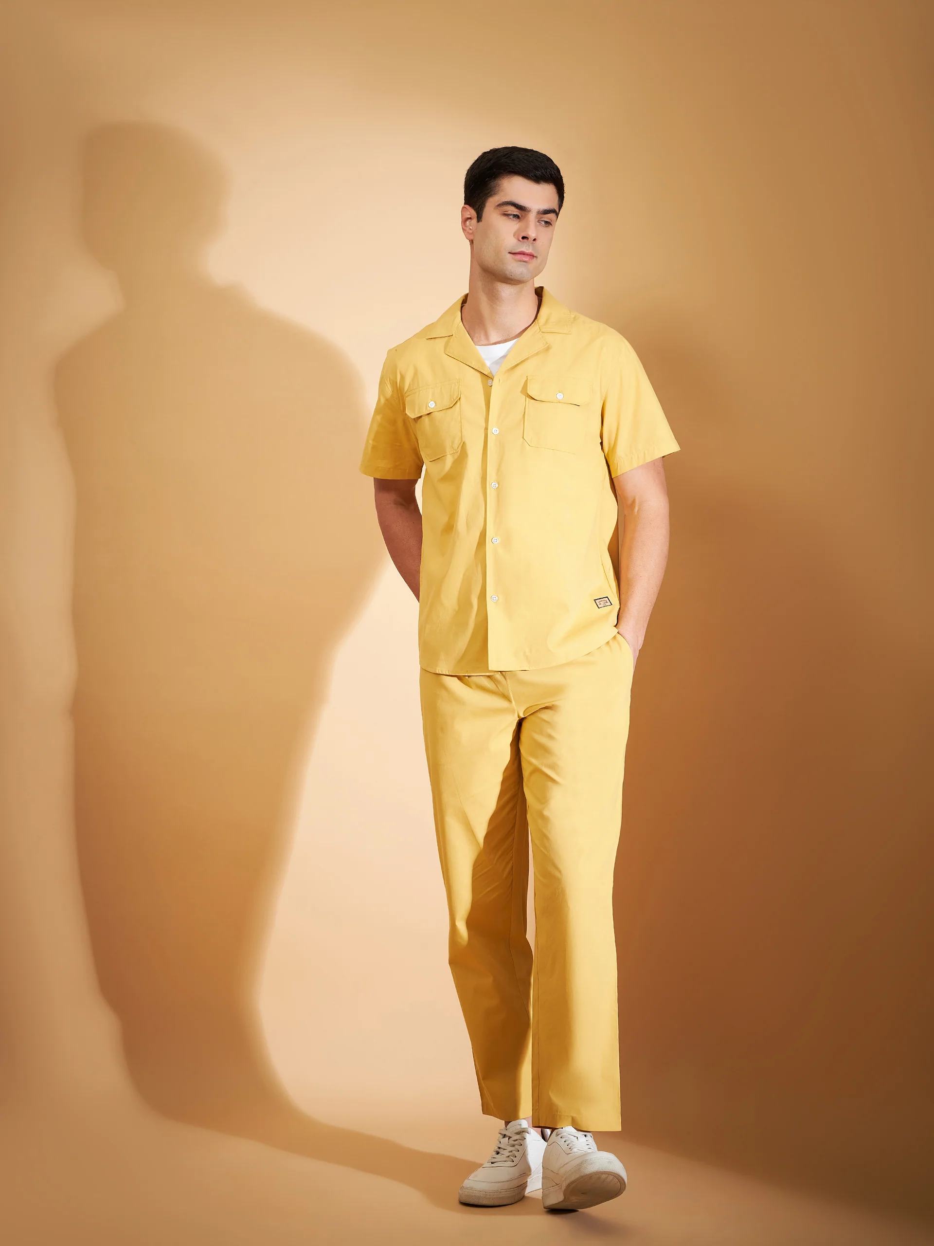 DENNISON Men Yellow Coord Set | Solid Shirt With Straight Fit Pant