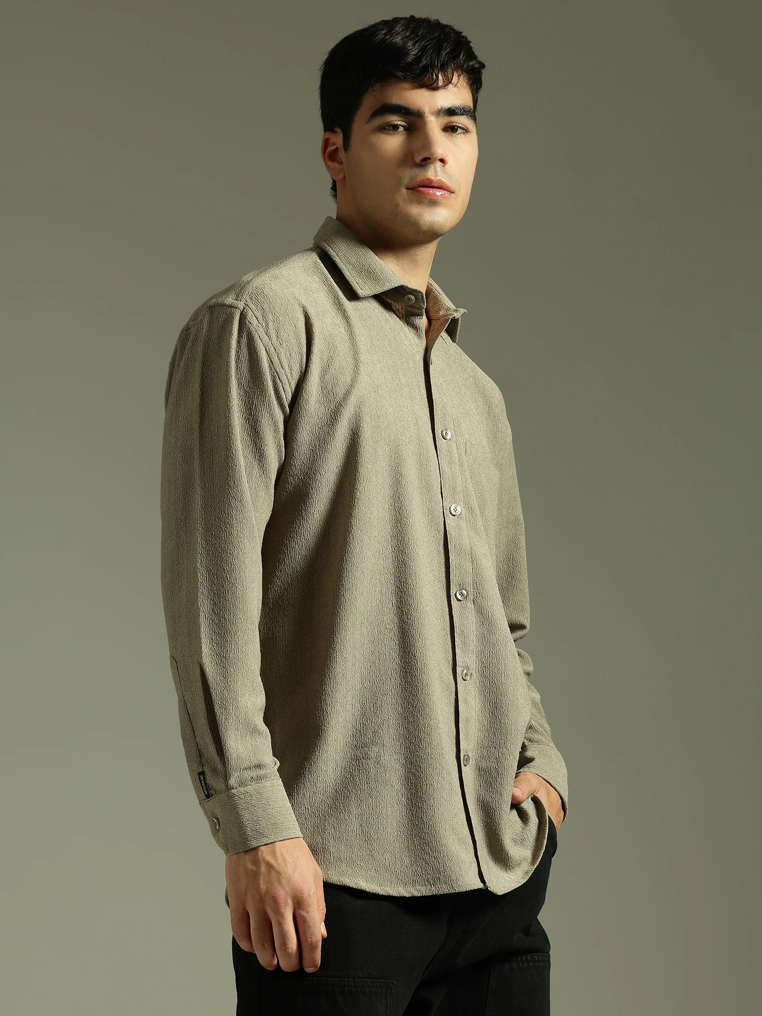 Light Olive: Textured Drop Shoulder Casual Shirt