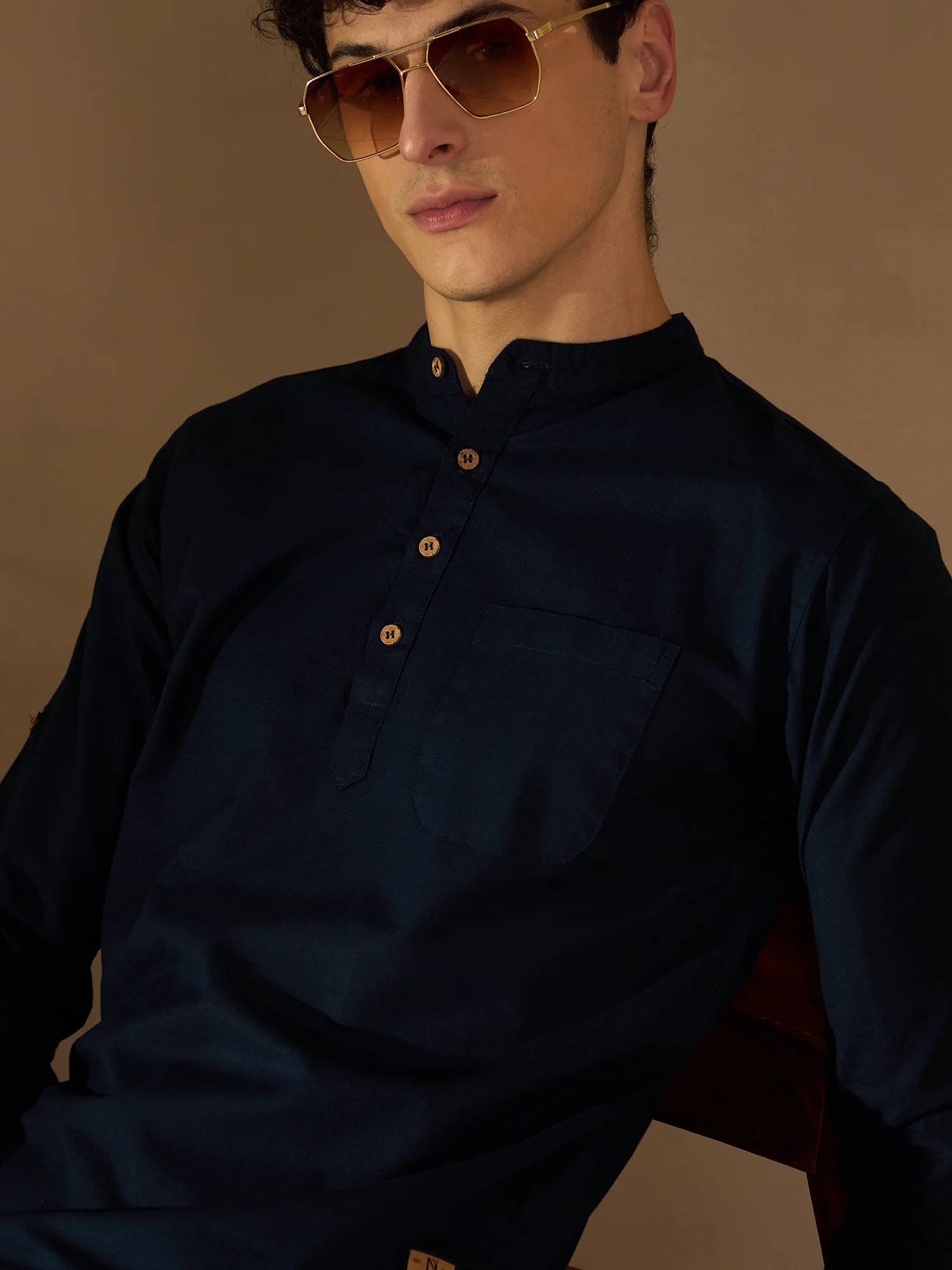 DENNISON Men Navy Blue Solid Straight Pure Cotton Short Kurta