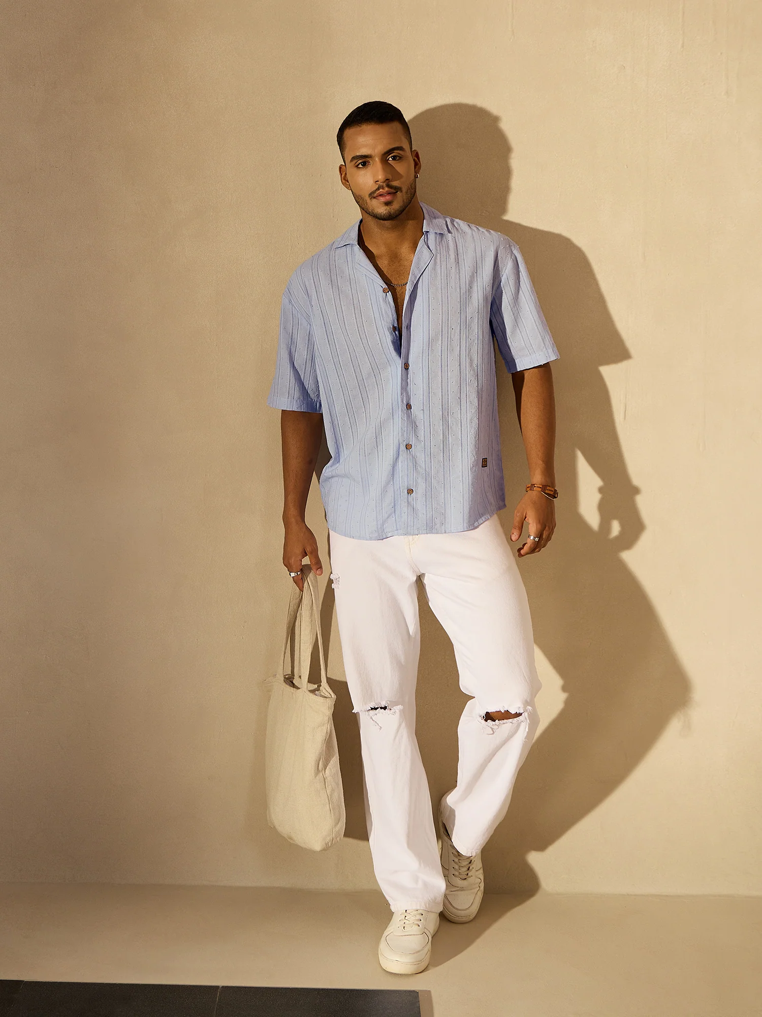 Sky Blue: Half Sleeves Semi Sheer Oversized Striped Shirt